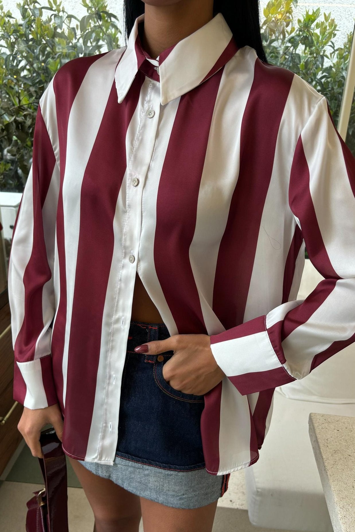 Bar Striped Chiffon Satin Shirt