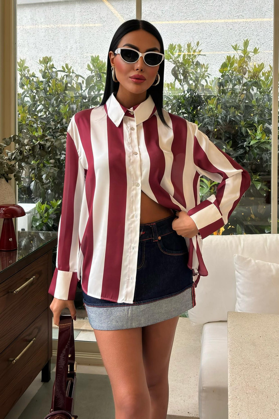 Bar Striped Chiffon Satin Shirt