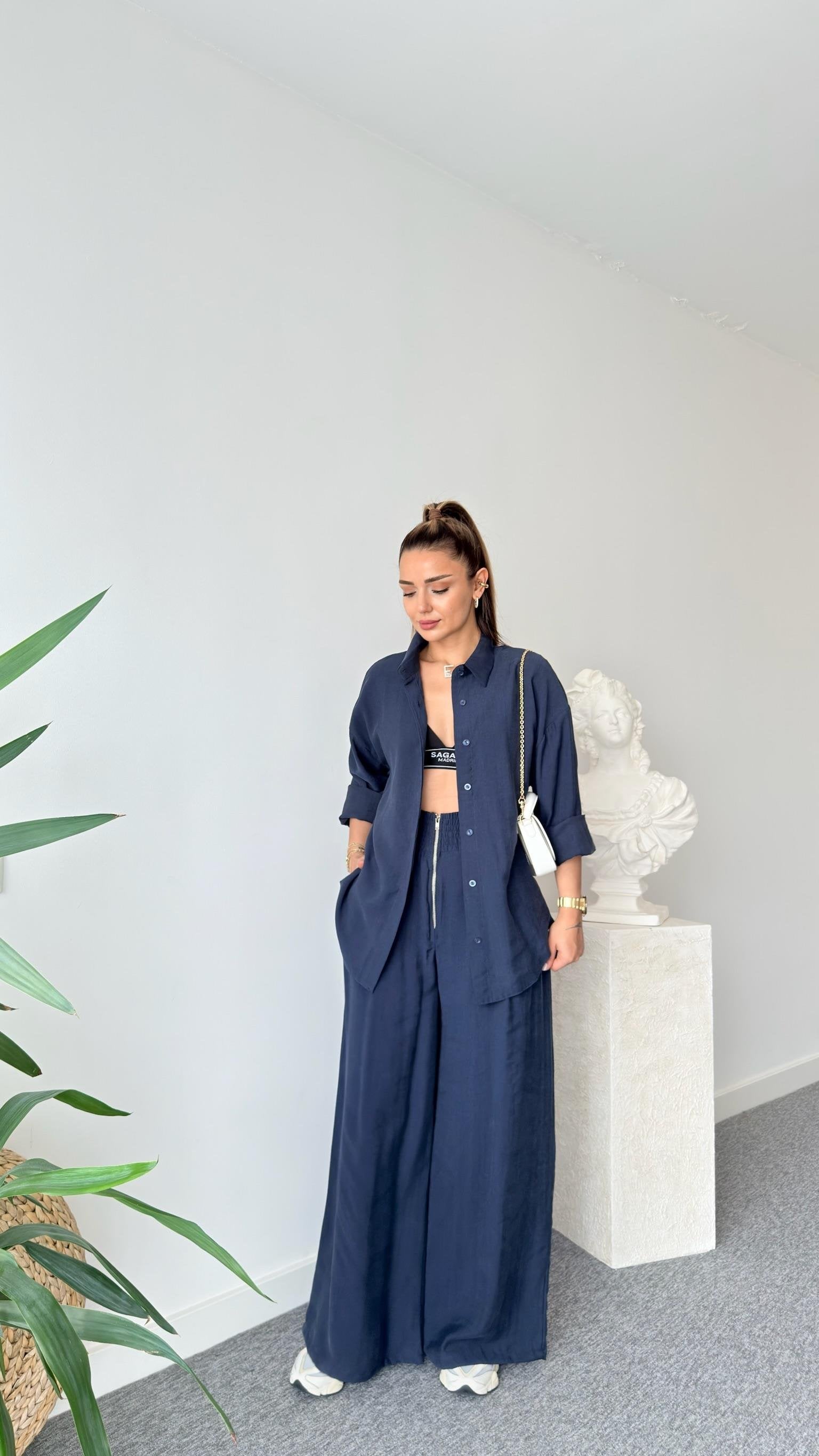 Navy Blue Zipper Detailed Tencel Suit