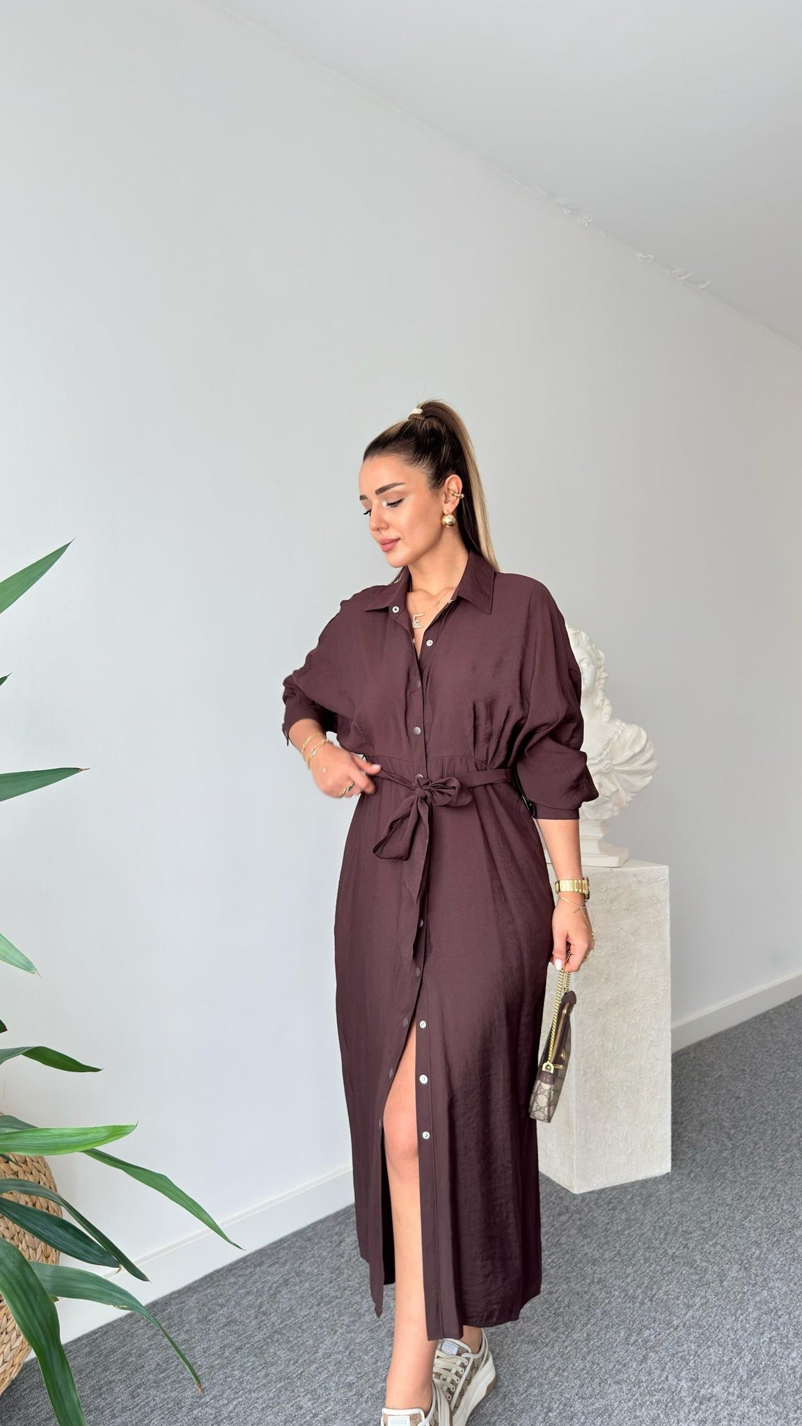 Brown Serna Orj Brand Snap Button Tencel Dress