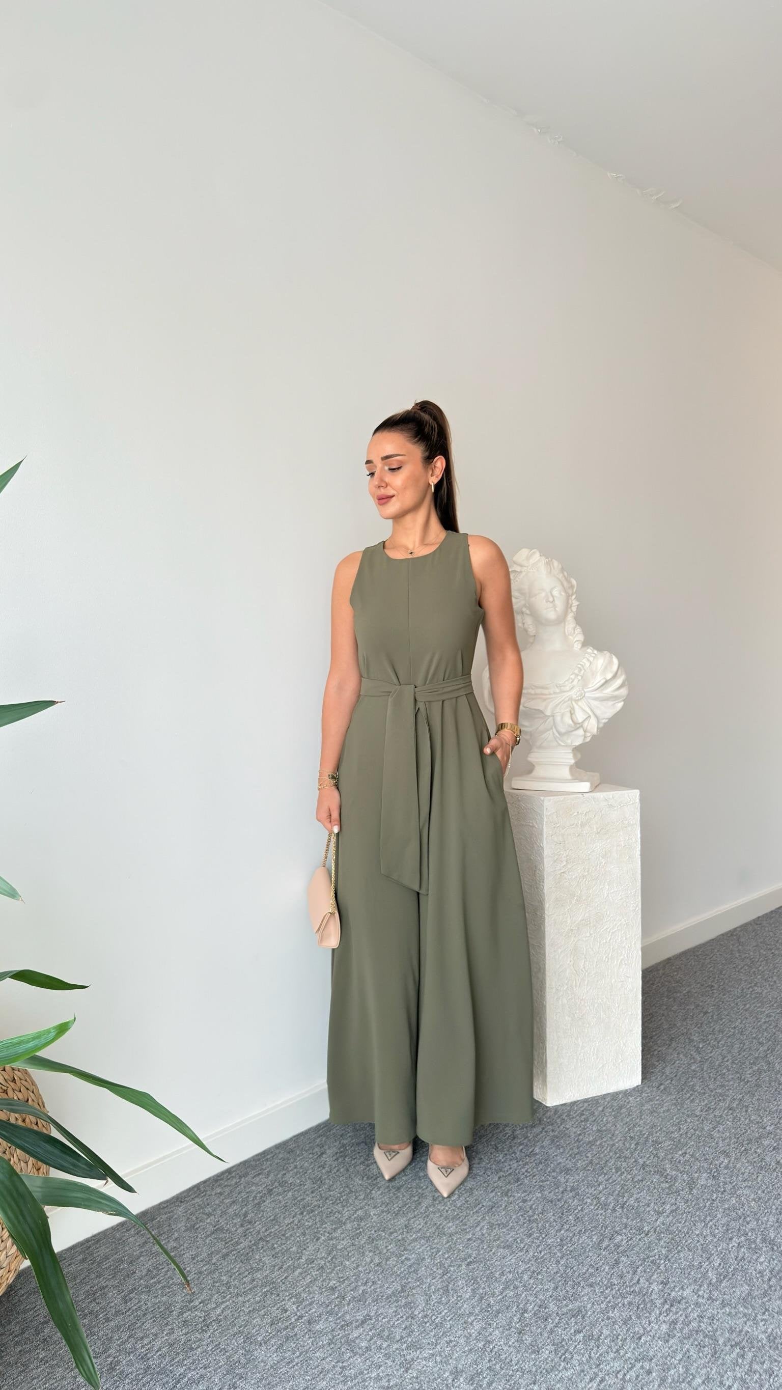 Carta Belted Khaki Wide Leg Jumpsuit