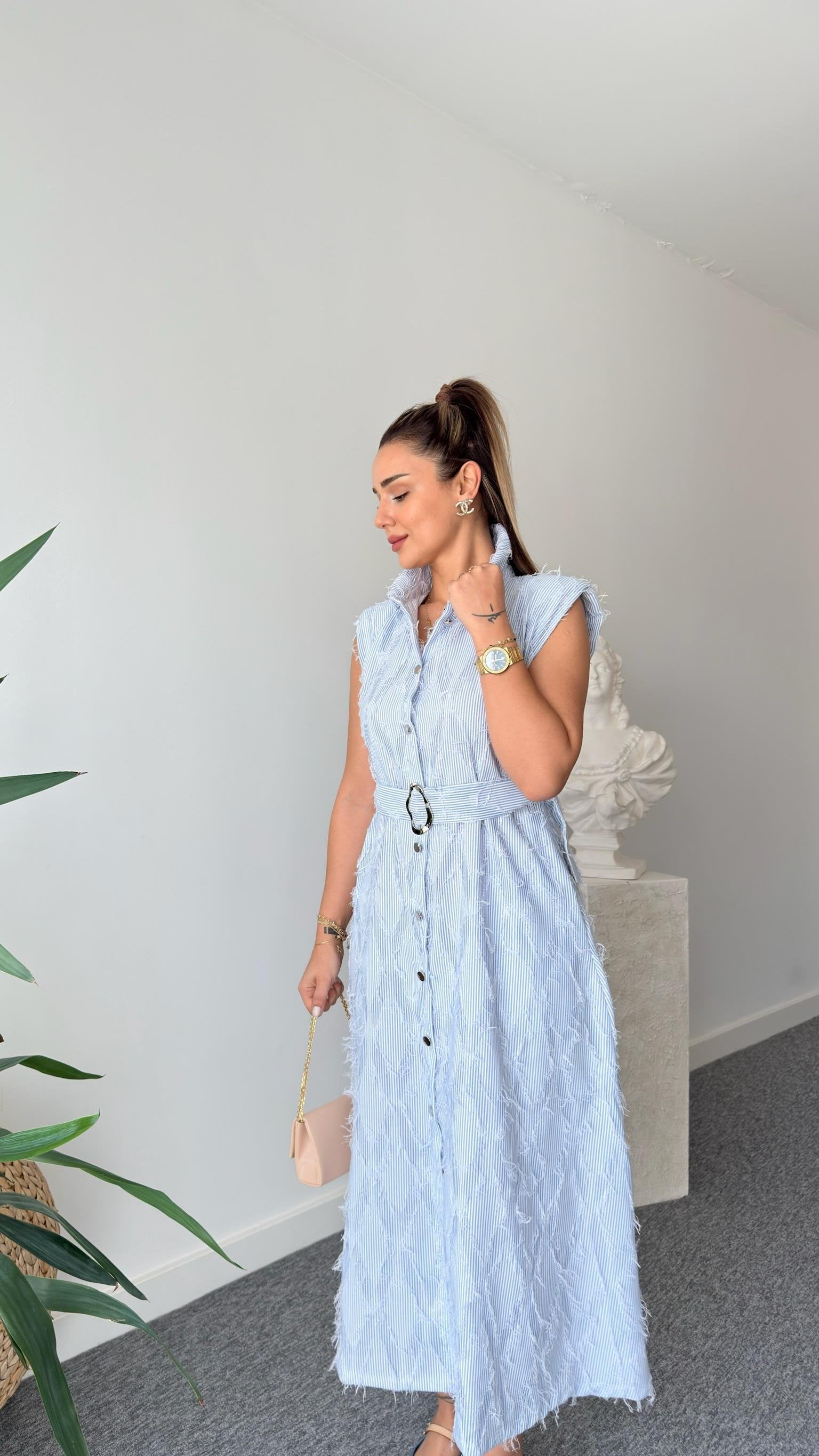Maria Shoulder Padded Tassel Shirt Dress