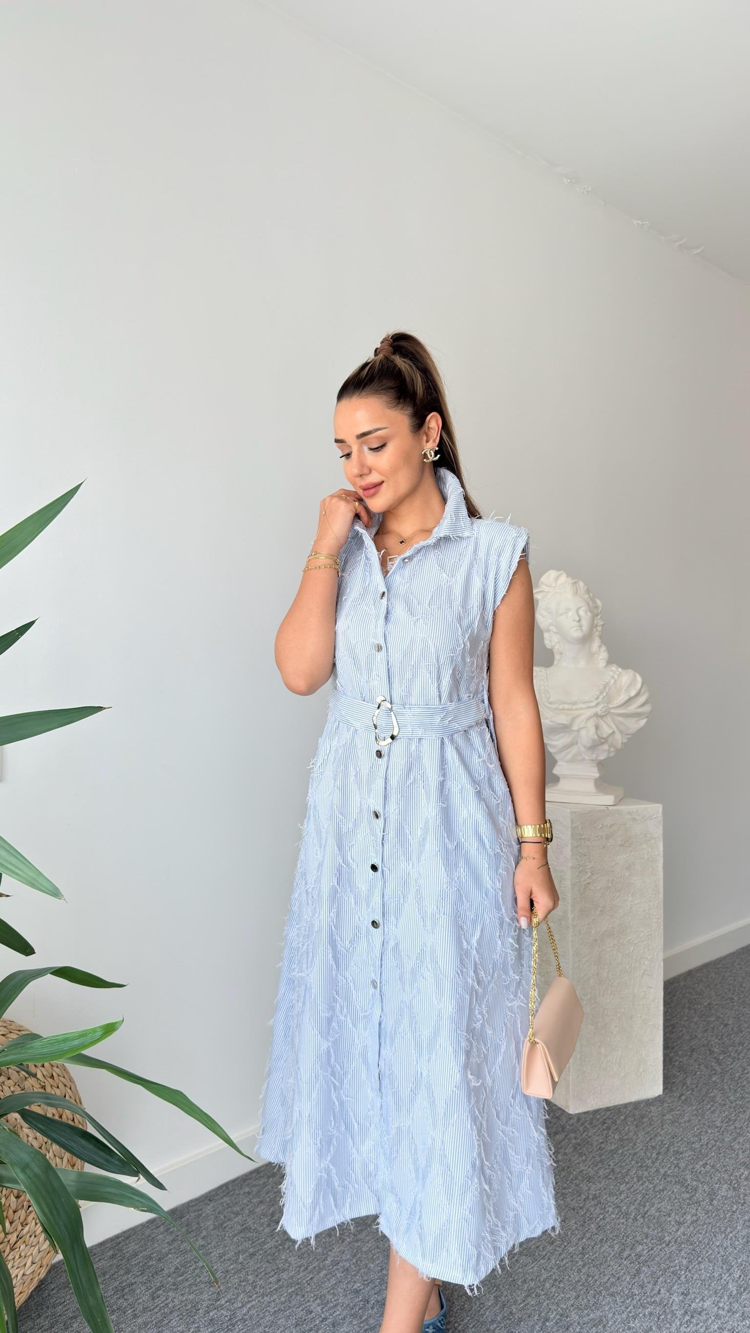 Maria Shoulder Padded Tassel Shirt Dress