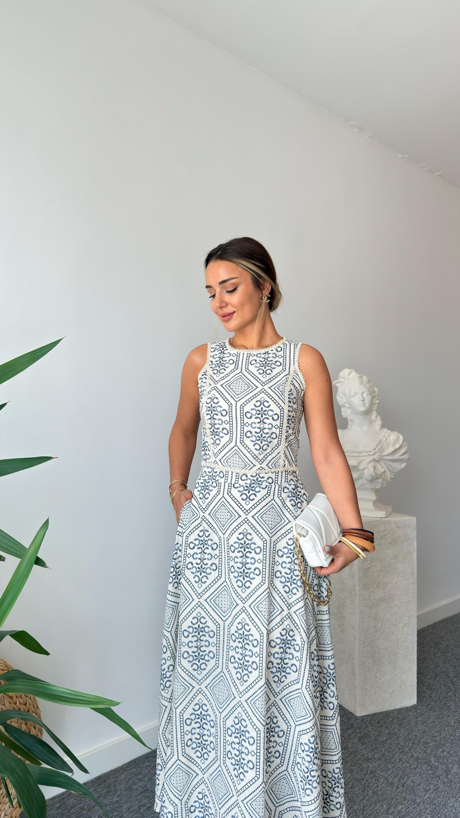 Navy Blue Linen Patterned Skirt Suit