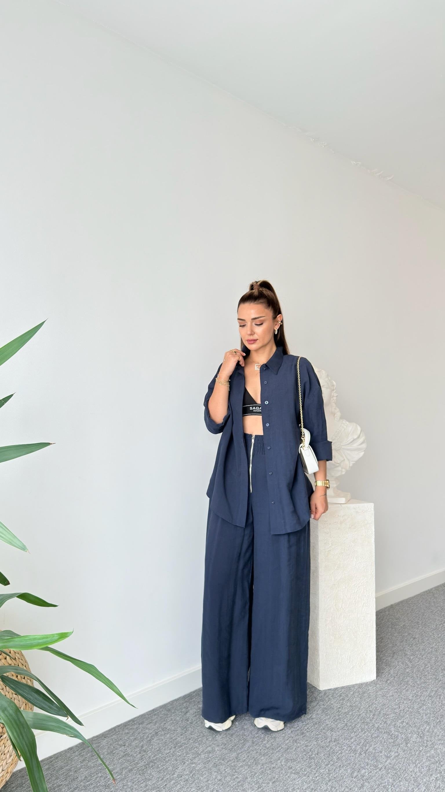 Navy Blue Zipper Detailed Tencel Suit