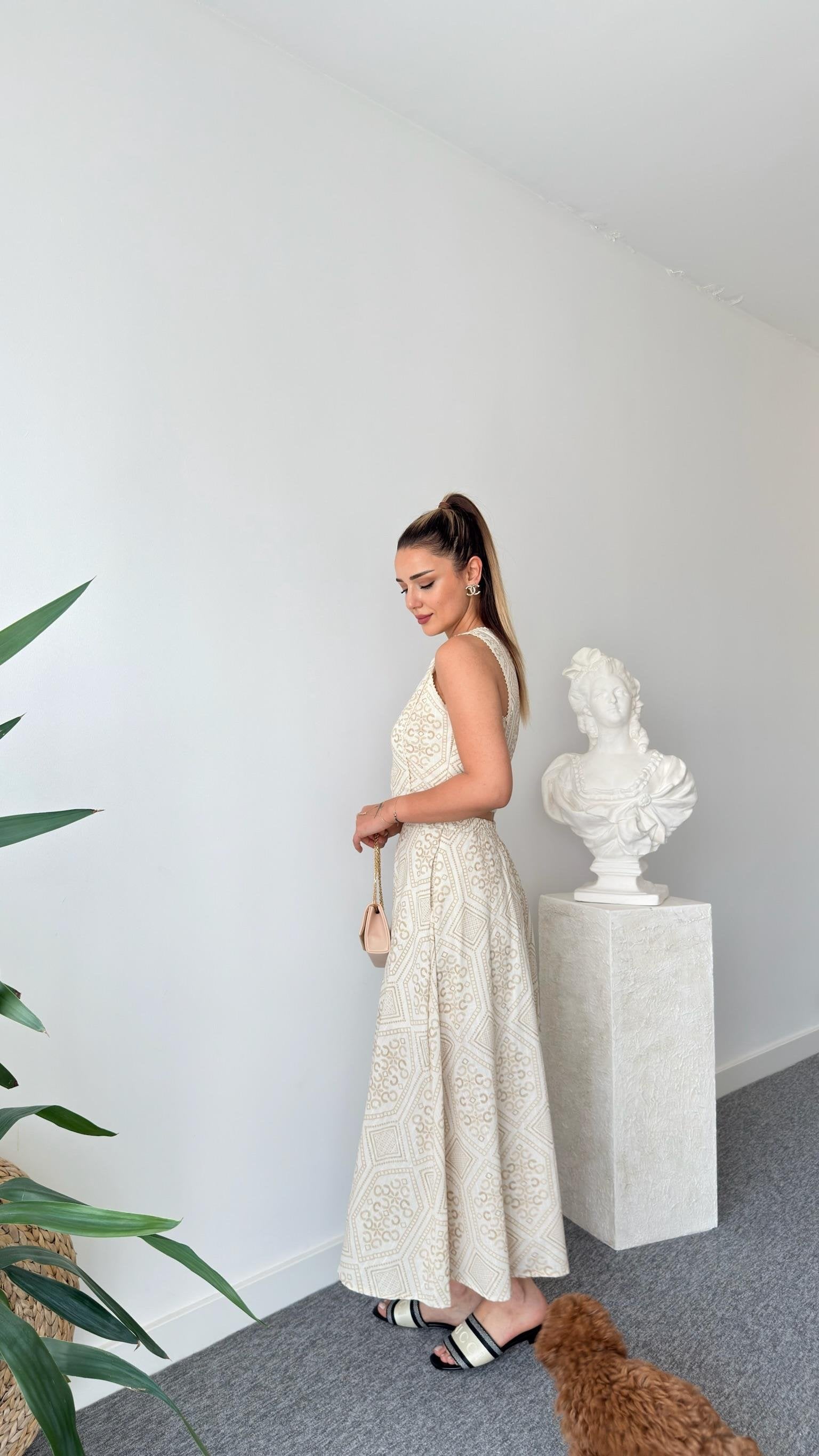 Patterned Linen Skirt Suit