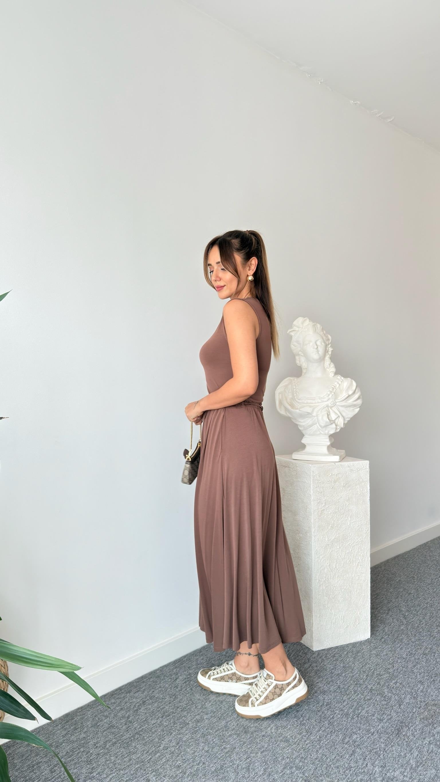 Brown Terula Flared Skirt Modal Suit skrit