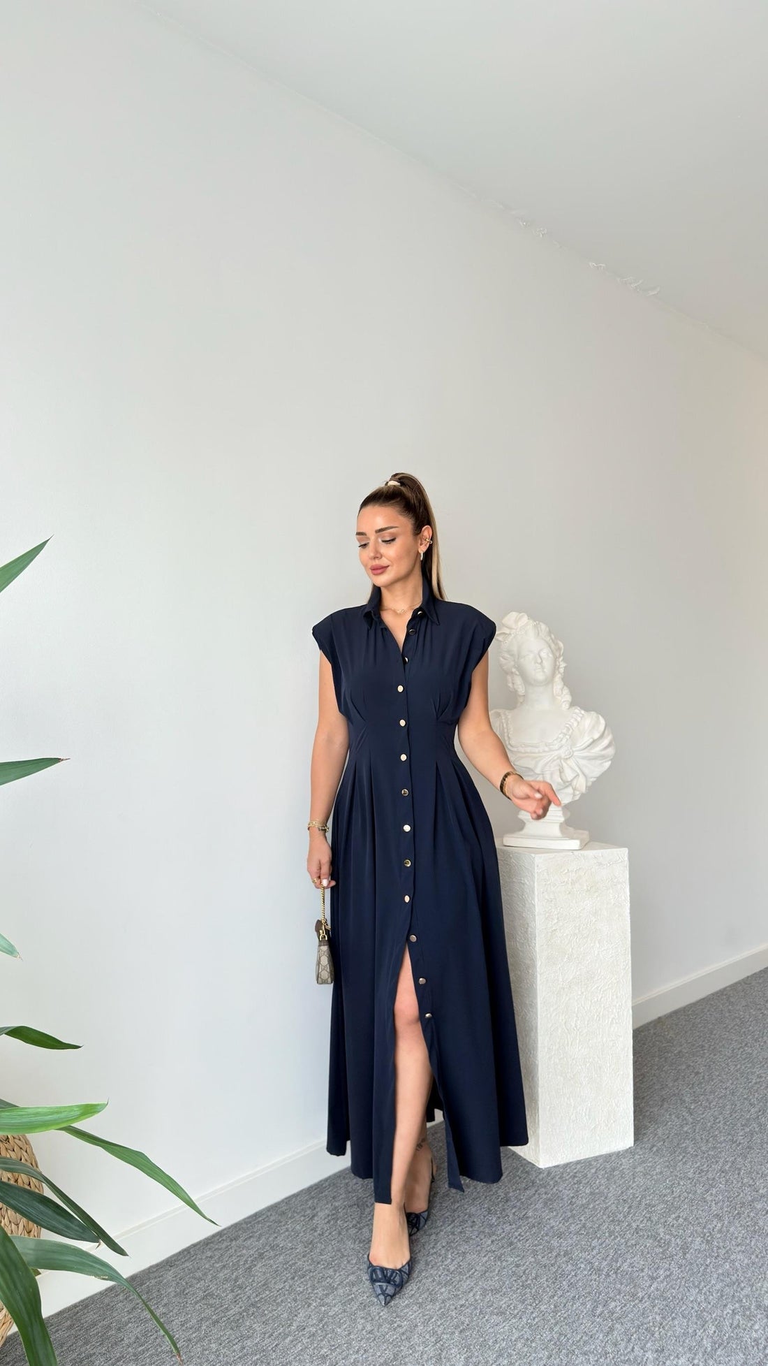 Navy Blue Jene Button-Down Pleated Dress