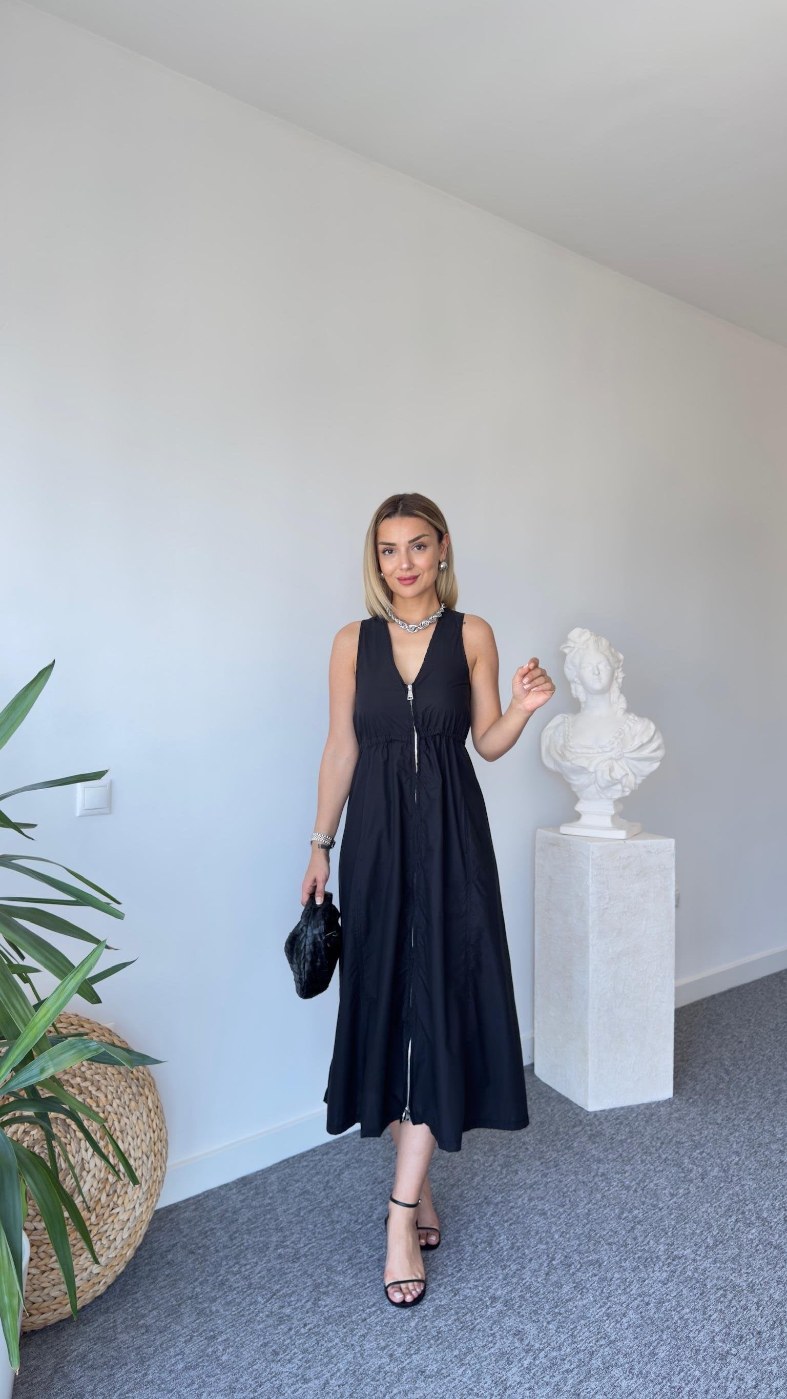 Zra Full Length Zippered Black Dress