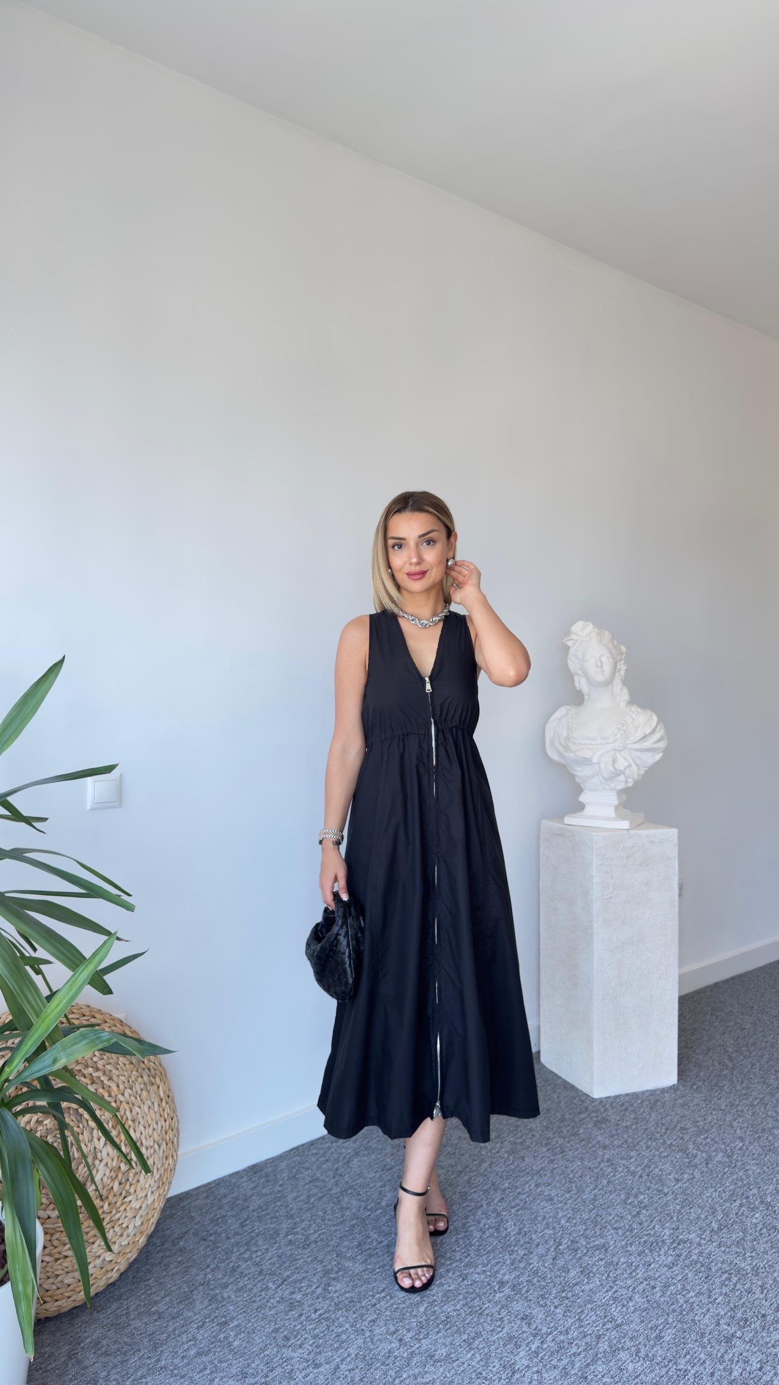 Zra Full Length Zippered Black Dress