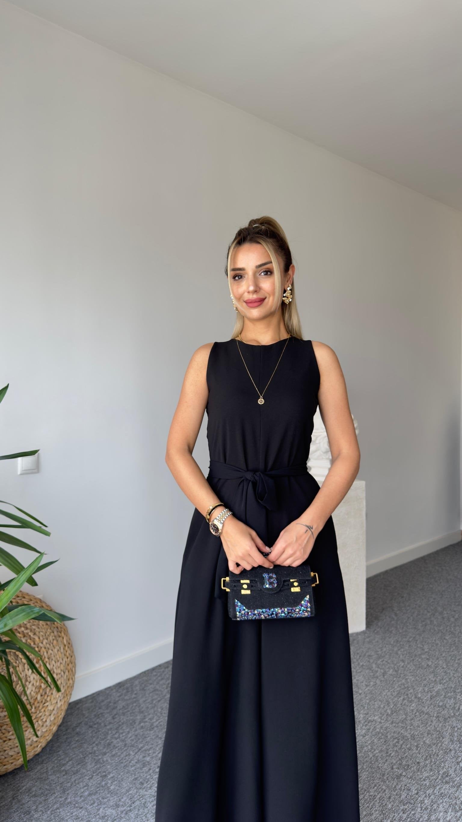Carta Belted Black Wide Leg Jumpsuit