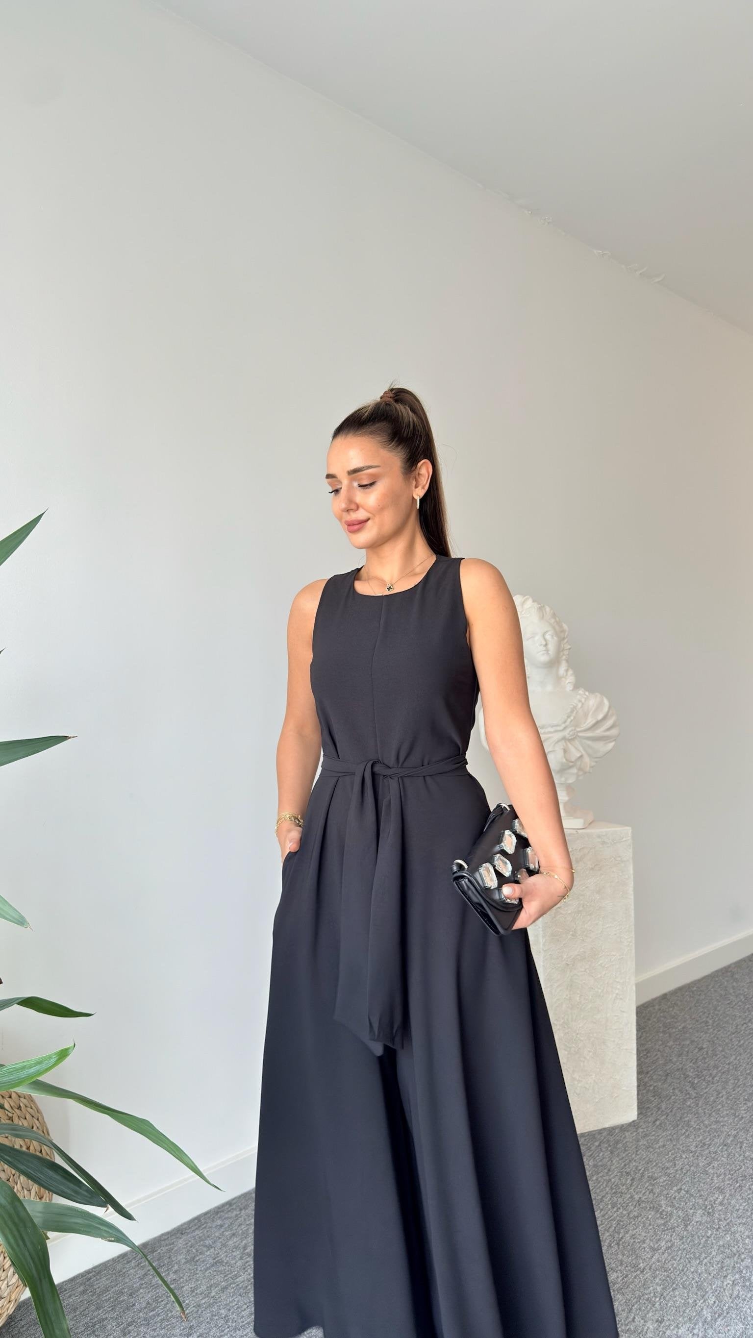 Carta Belted Black Wide Leg Jumpsuit