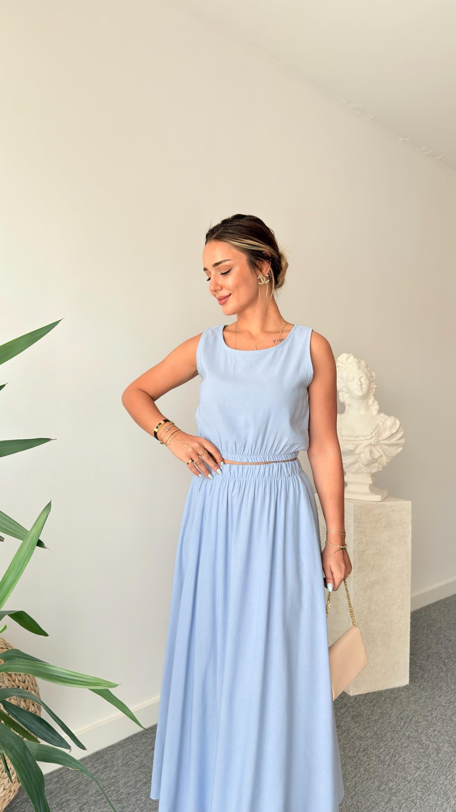 Blue Linen Skirt Crop Suit