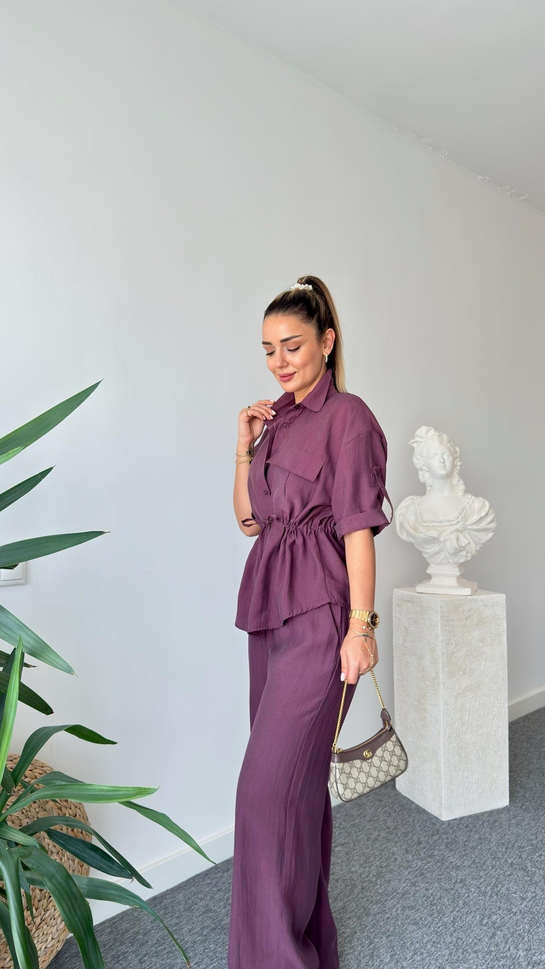 Neva Pleated Waist Tencel Suit in Damson