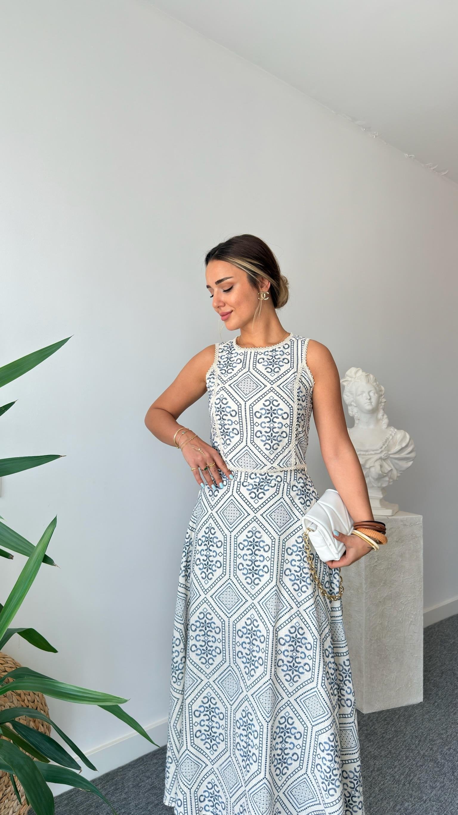 Navy Blue Linen Patterned Skirt Suit