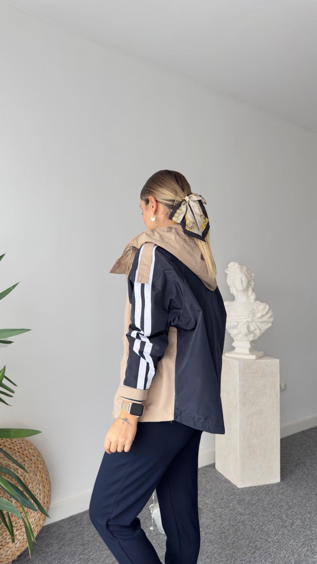 Geof Striped Sleeve Hooded Beige Jacket