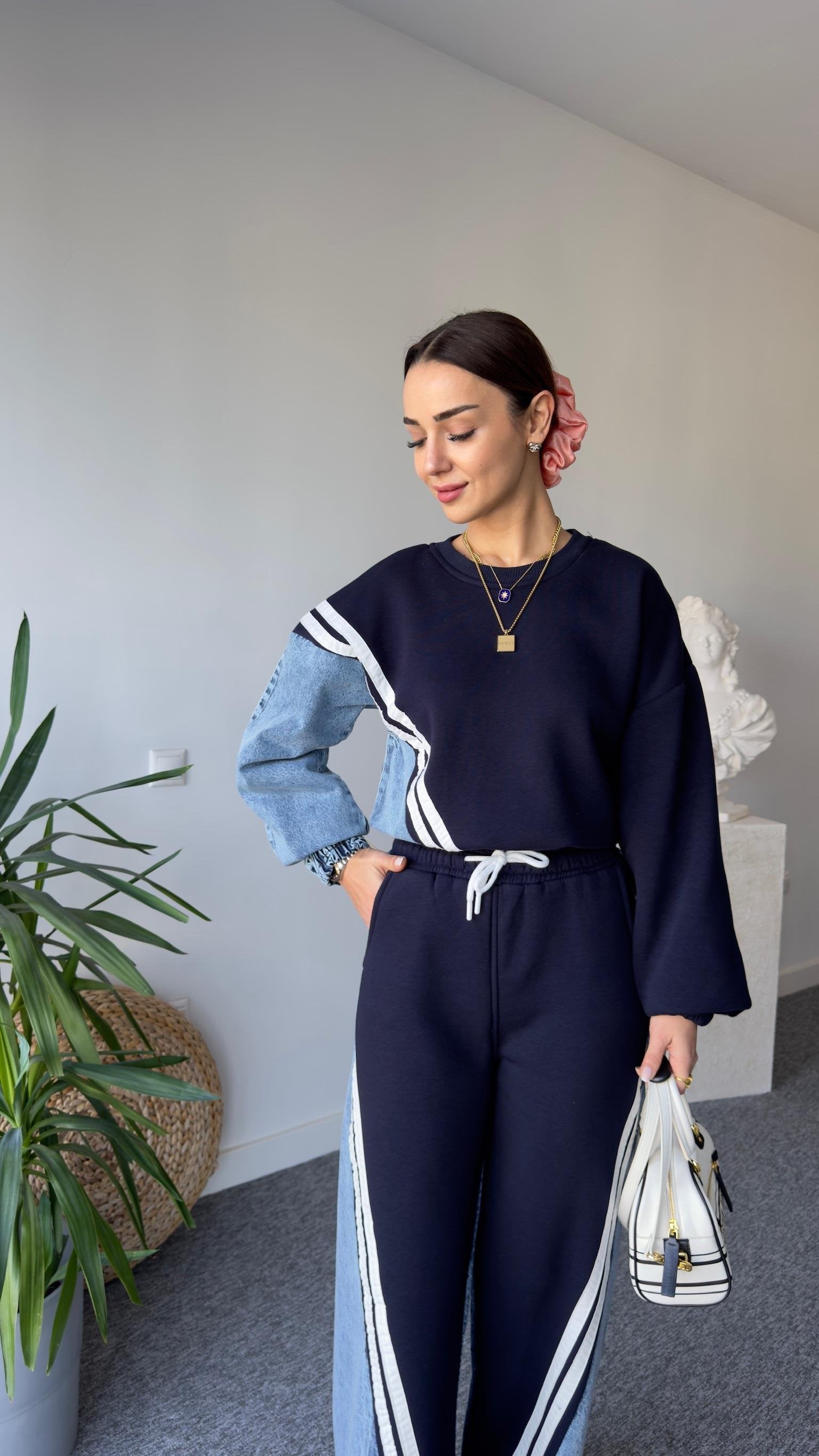 Liyz Striped Denim Detail Navy Tracksuit