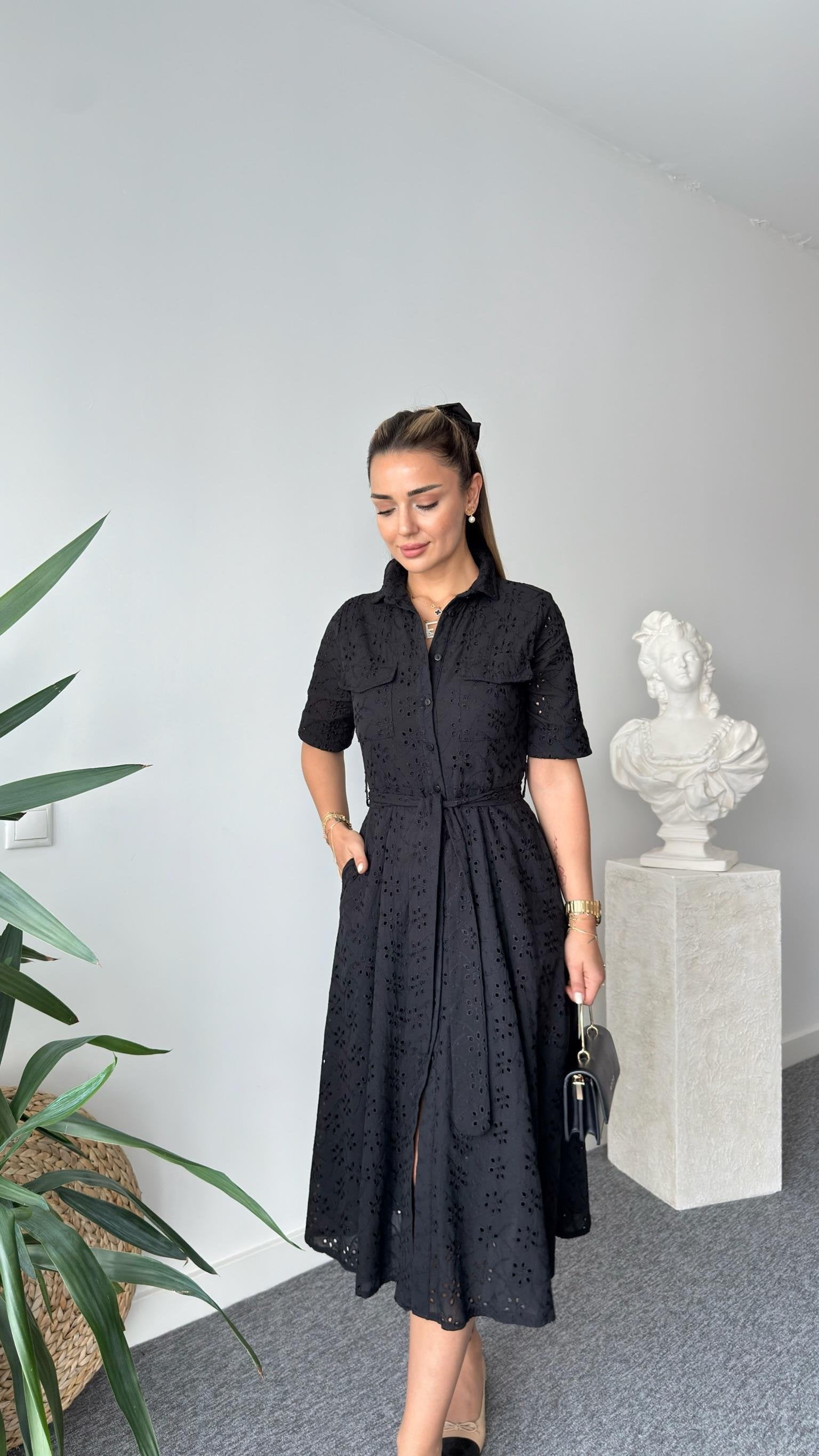 Black Ripper Belted Scalloped Dress