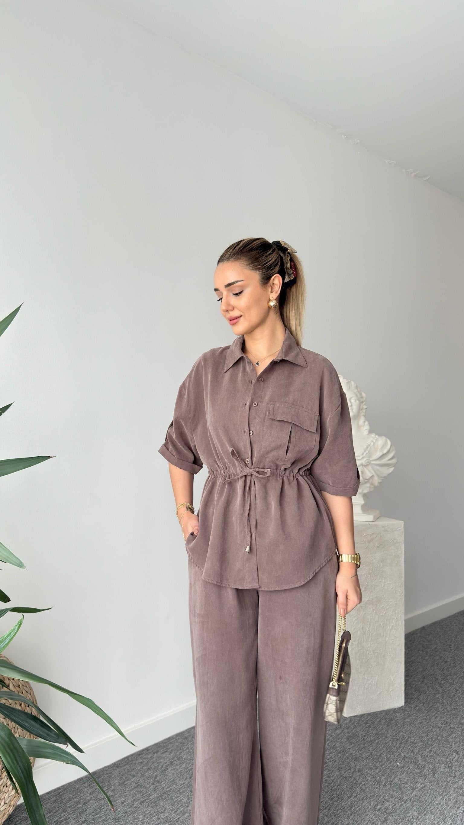 Brown Neva Waist Pleated Tencel Suit