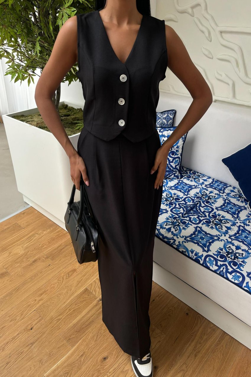 Linen Suit with Skirt Slit and Vest