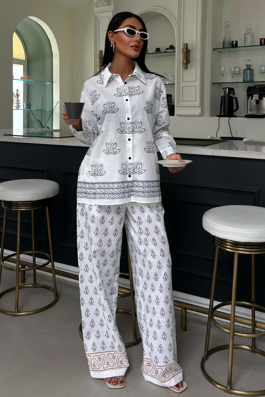 Ethnic Patterned Two-Piece Linen Suit white