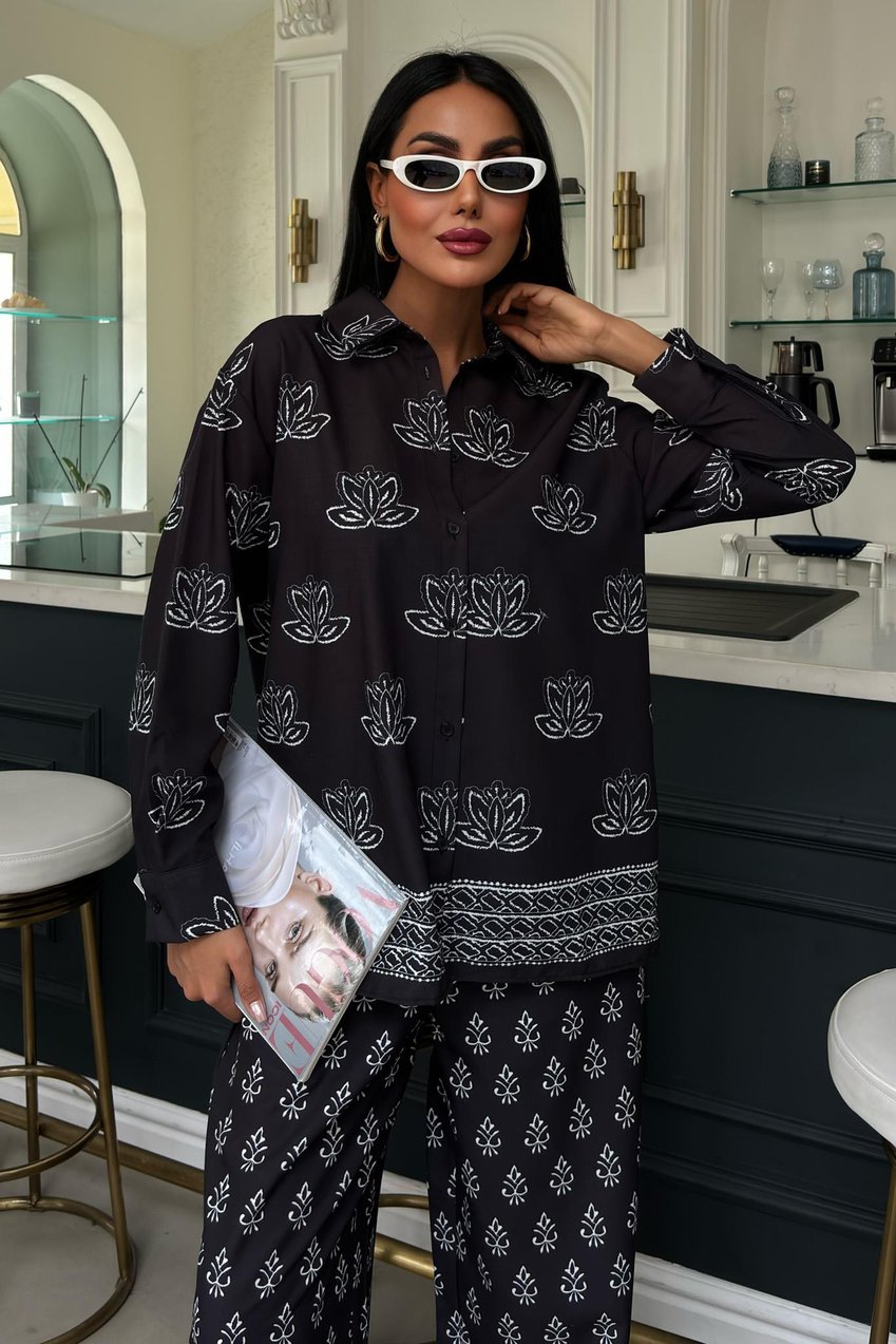 Ethnic Patterned Two-Piece Linen Suit Black