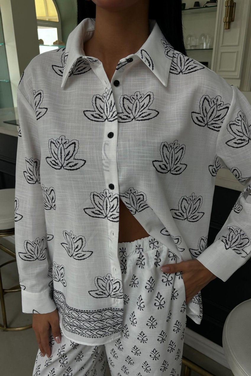 Ethnic Patterned Two-Piece Linen Suit white