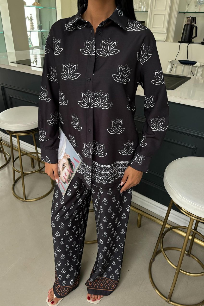 Ethnic Patterned Two-Piece Linen Suit Black