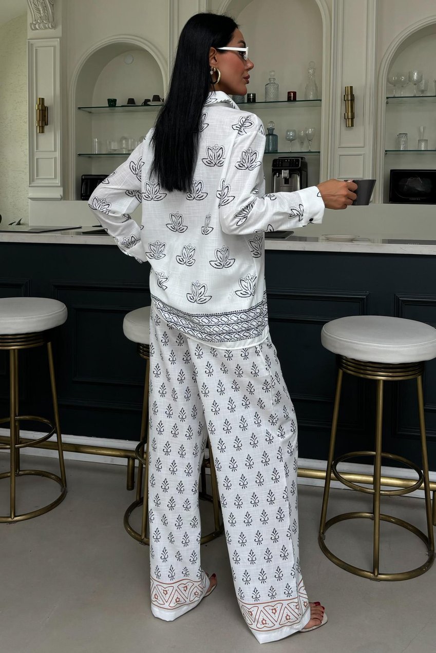 Ethnic Patterned Two-Piece Linen Suit white