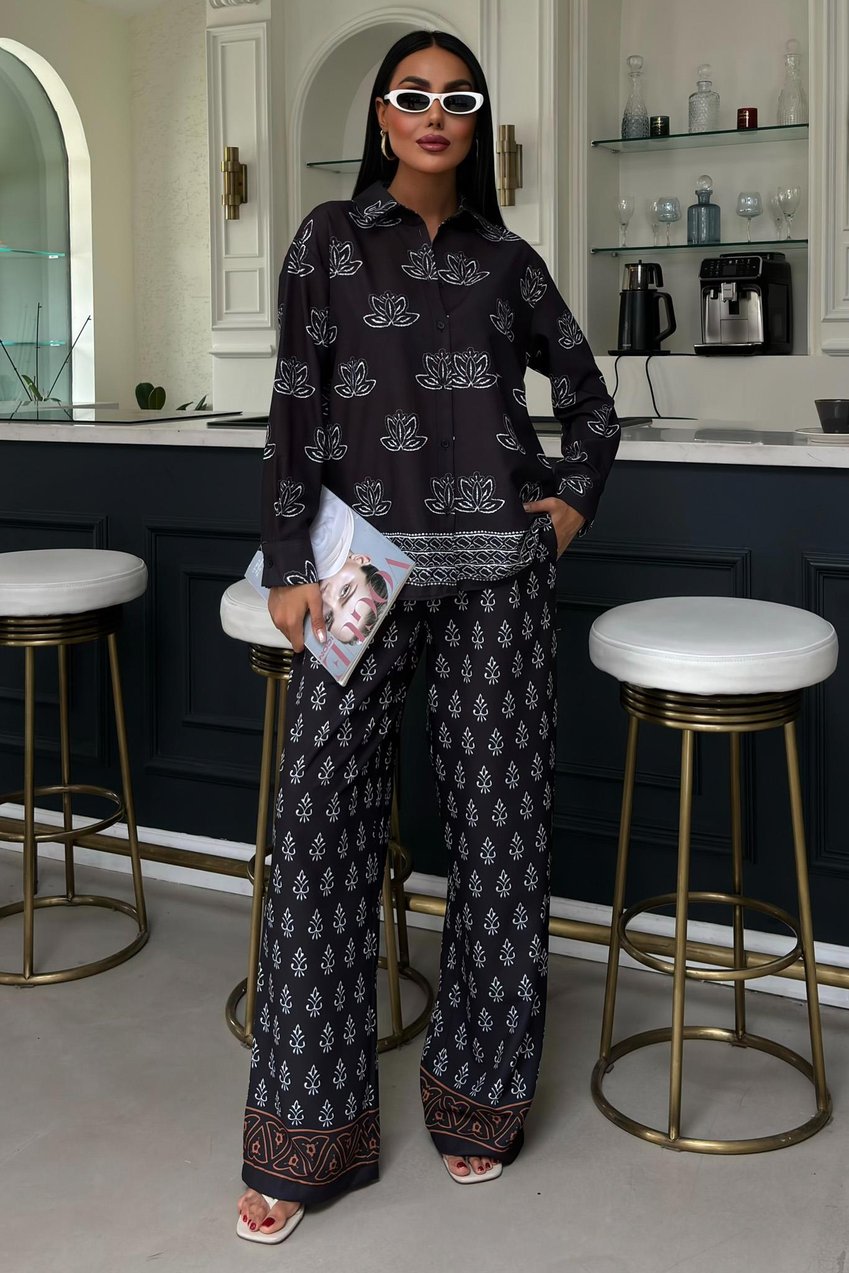Ethnic Patterned Two-Piece Linen Suit Black
