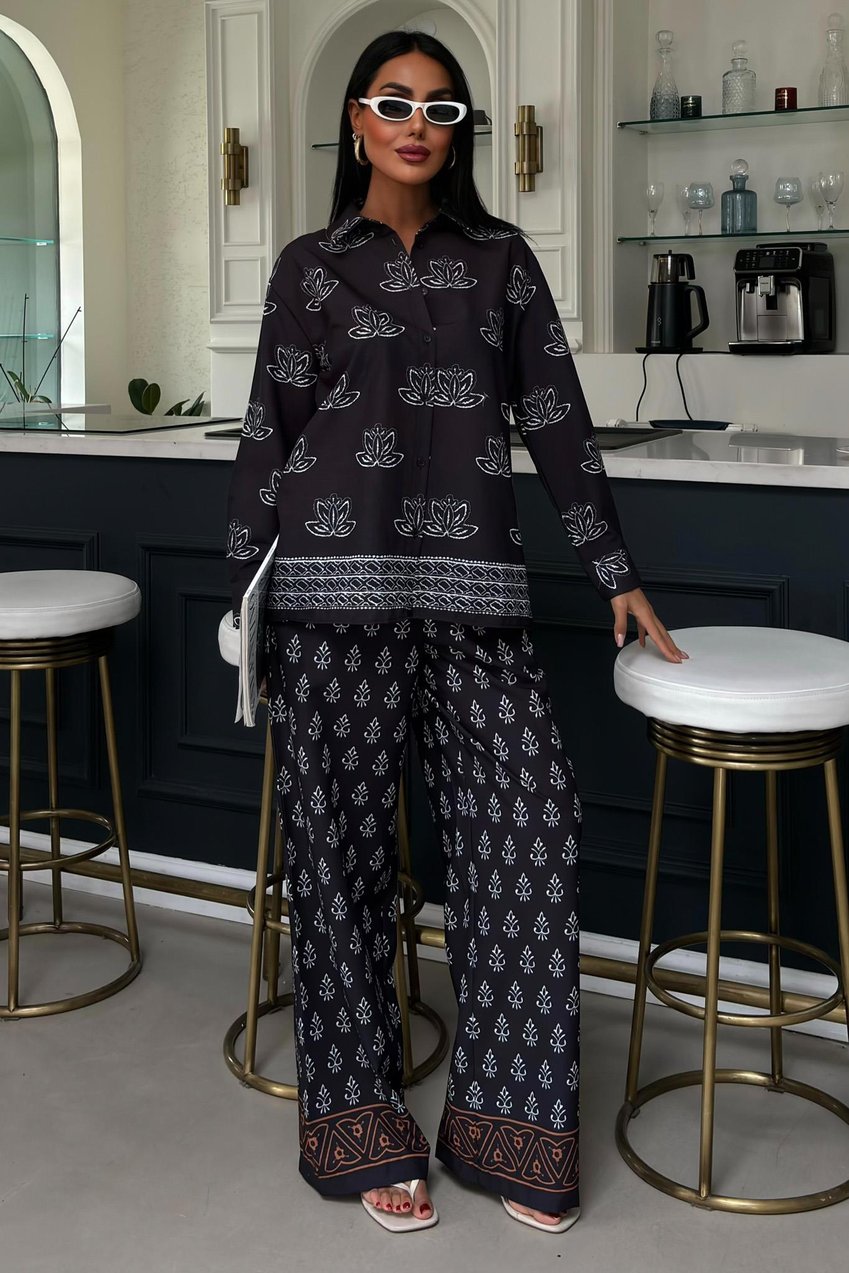 Ethnic Patterned Two-Piece Linen Suit Black