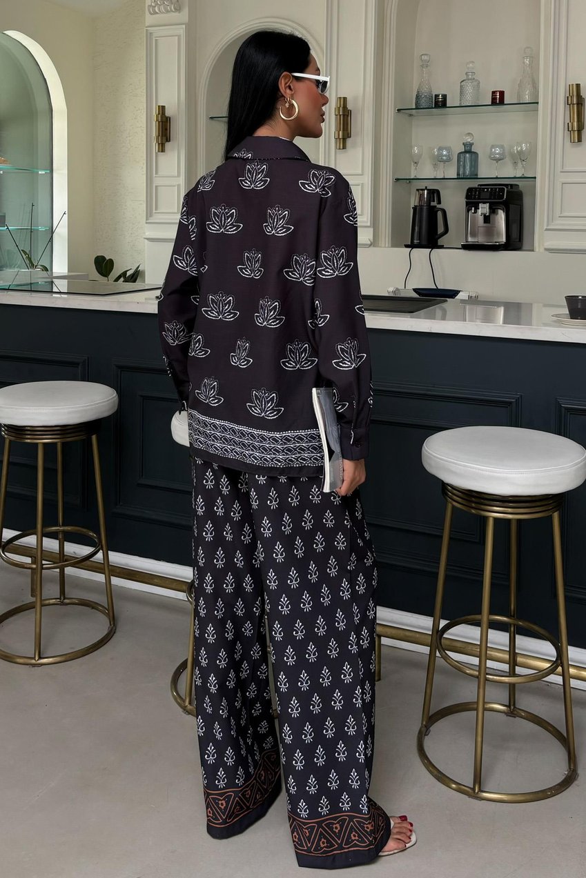 Ethnic Patterned Two-Piece Linen Suit Black
