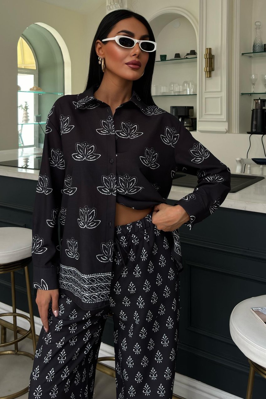 Ethnic Patterned Two-Piece Linen Suit Black