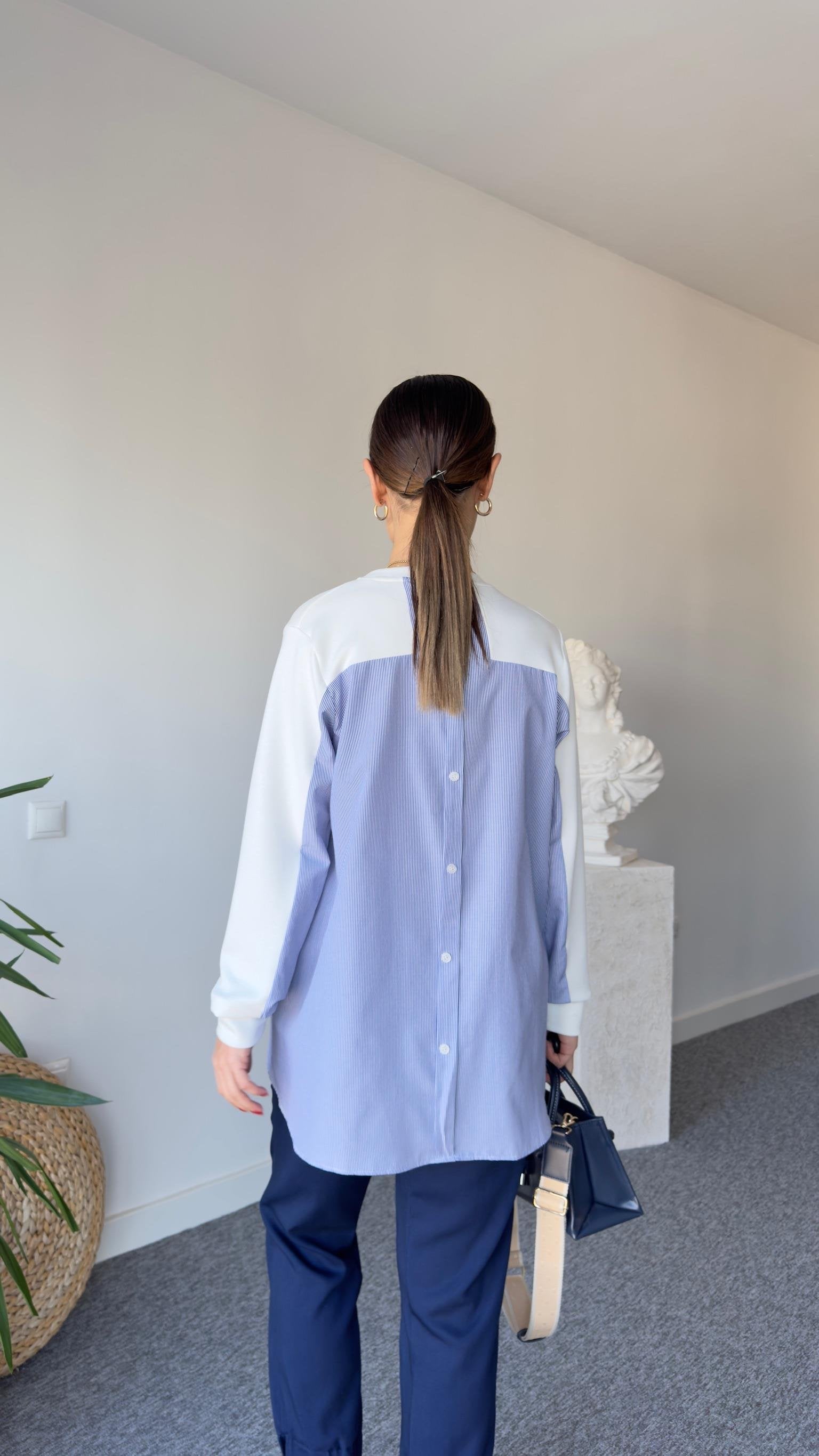 White Modal Sweater with Buttoned Back Poplin Detail