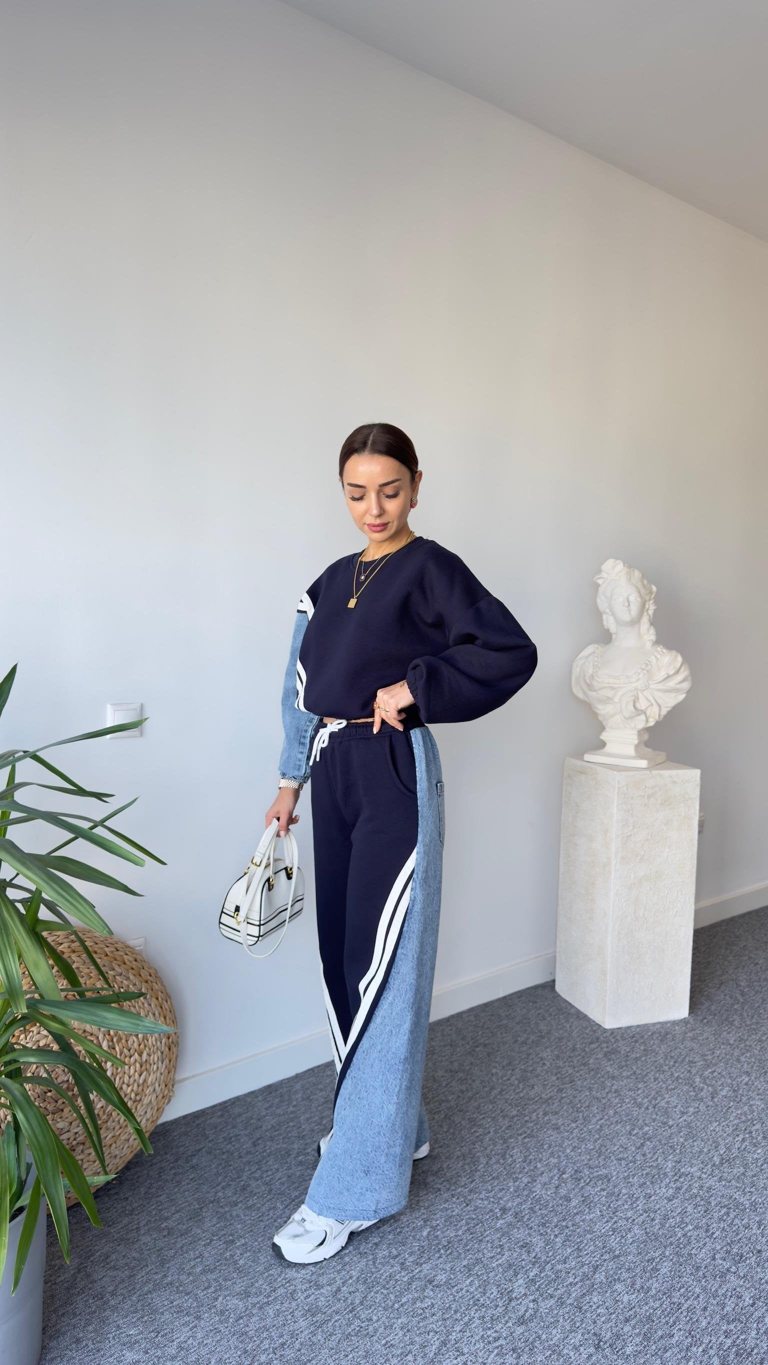Liyz Striped Denim Detail Navy Tracksuit