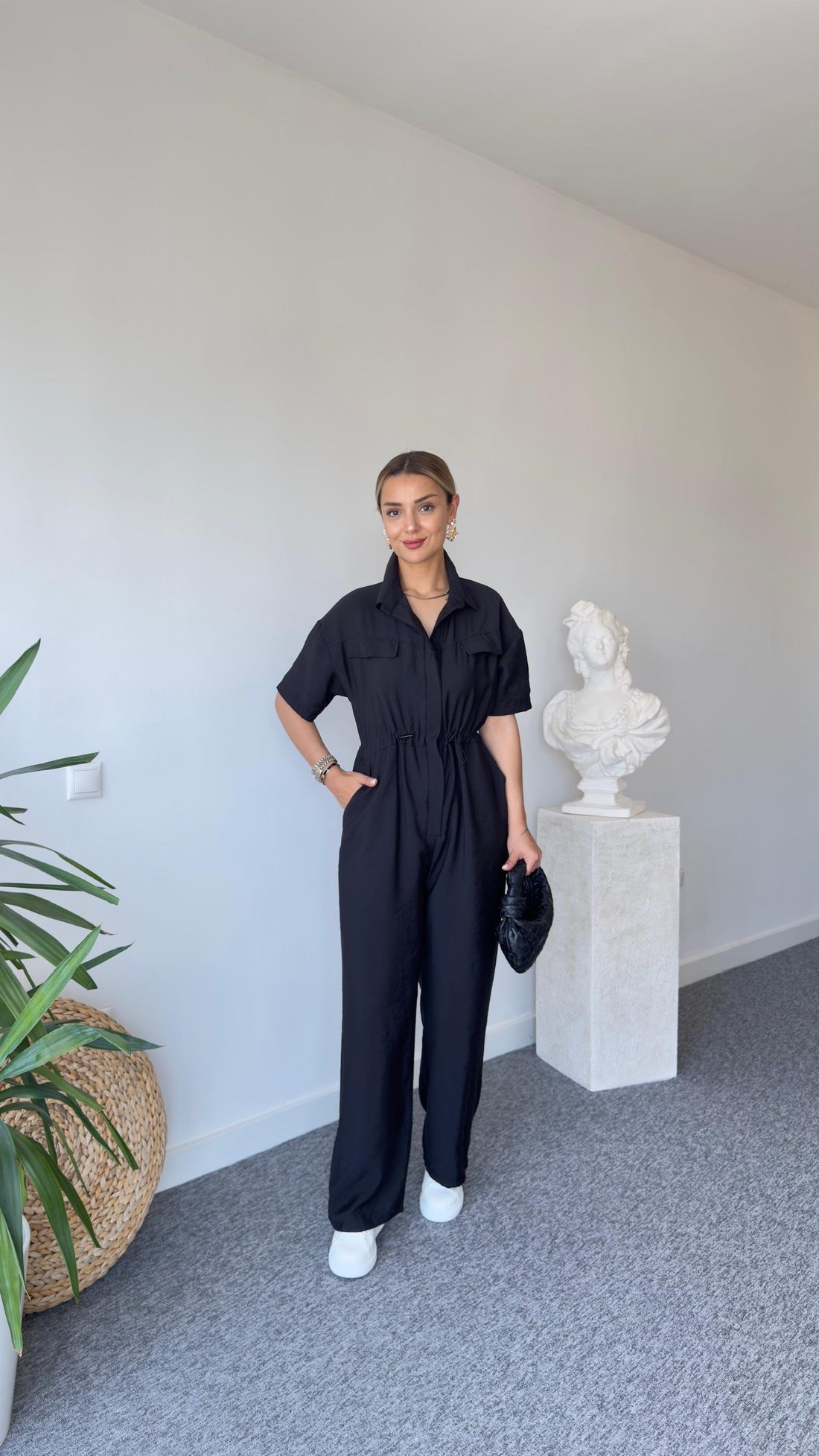 Esto Brand Model Waist Gathered Black Jumpsuit