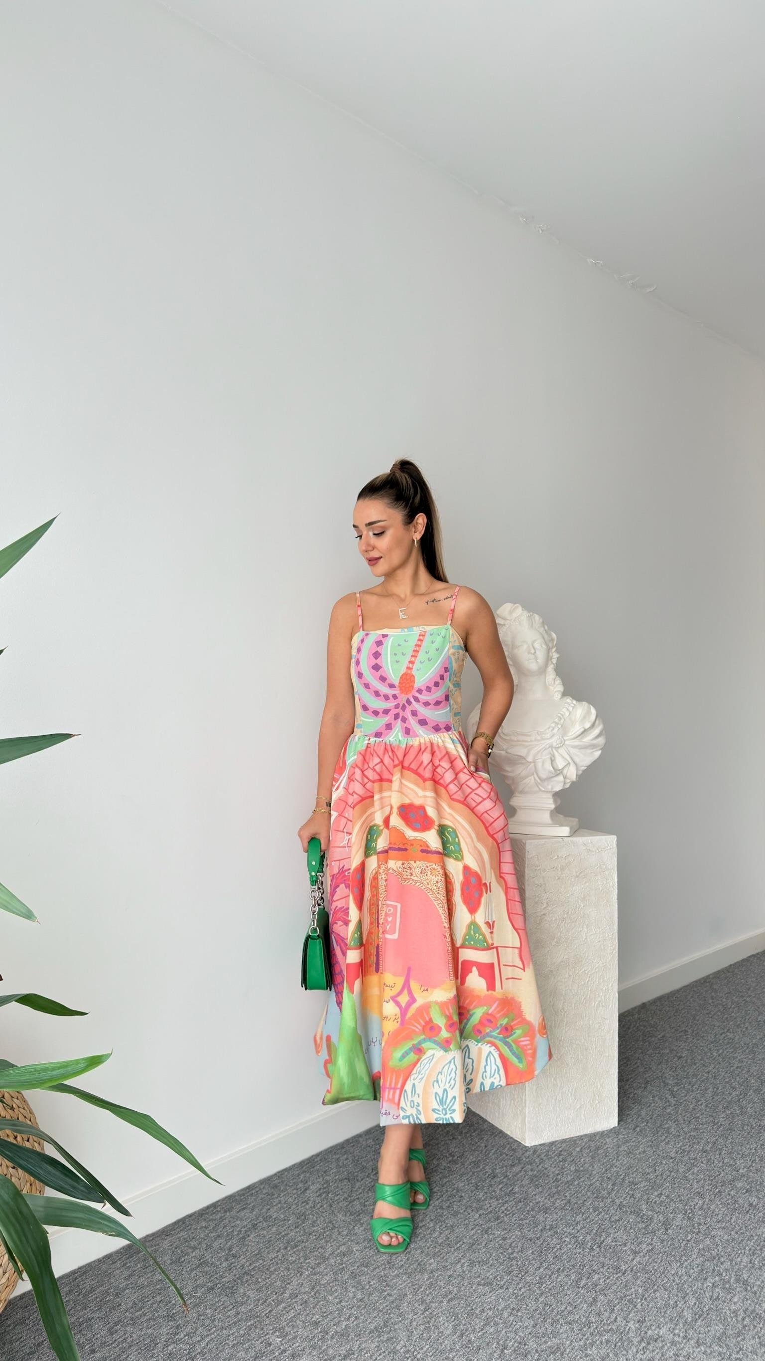 Oesto Colorful Printed Lined Linen Dress
