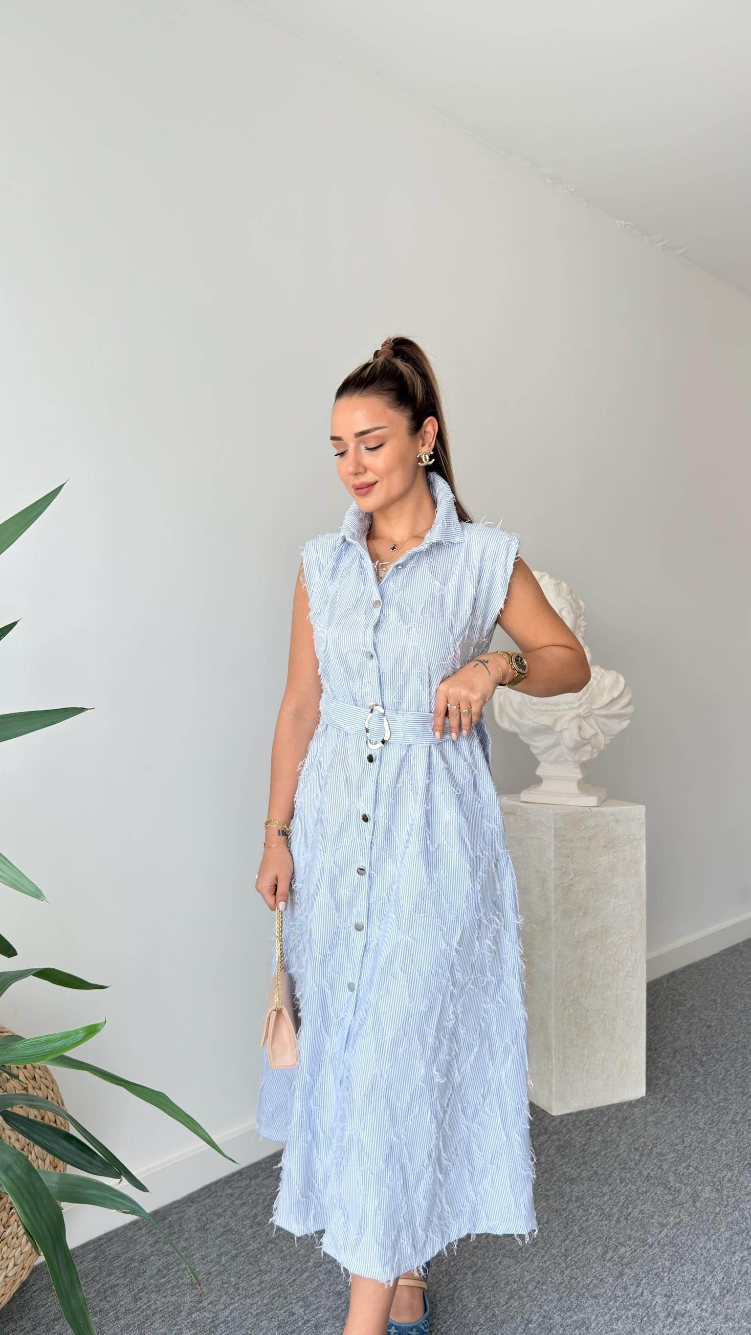 Maria Shoulder Padded Tassel Shirt Dress
