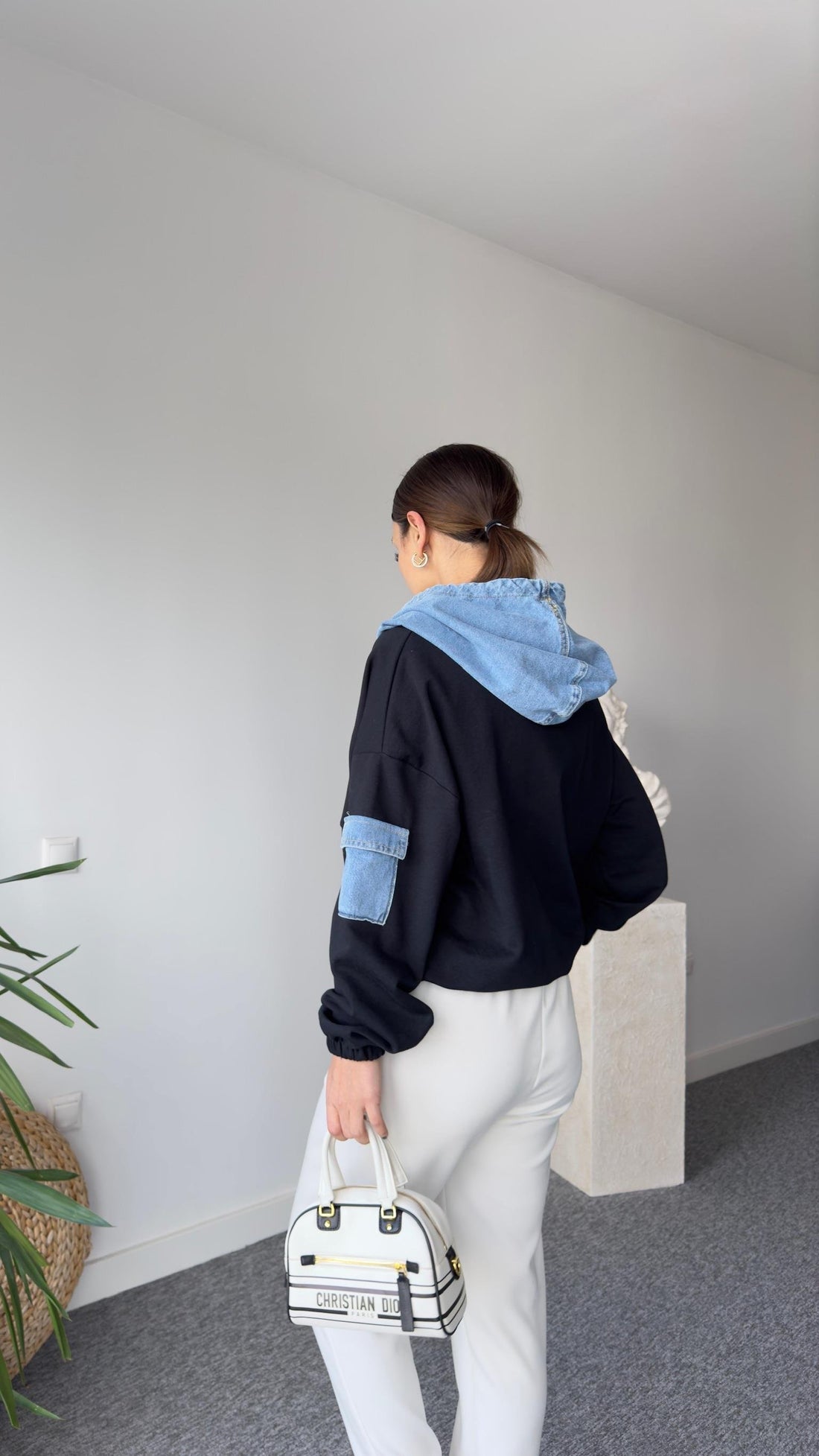 Denim Hood Detail Pocket Sweatshirt