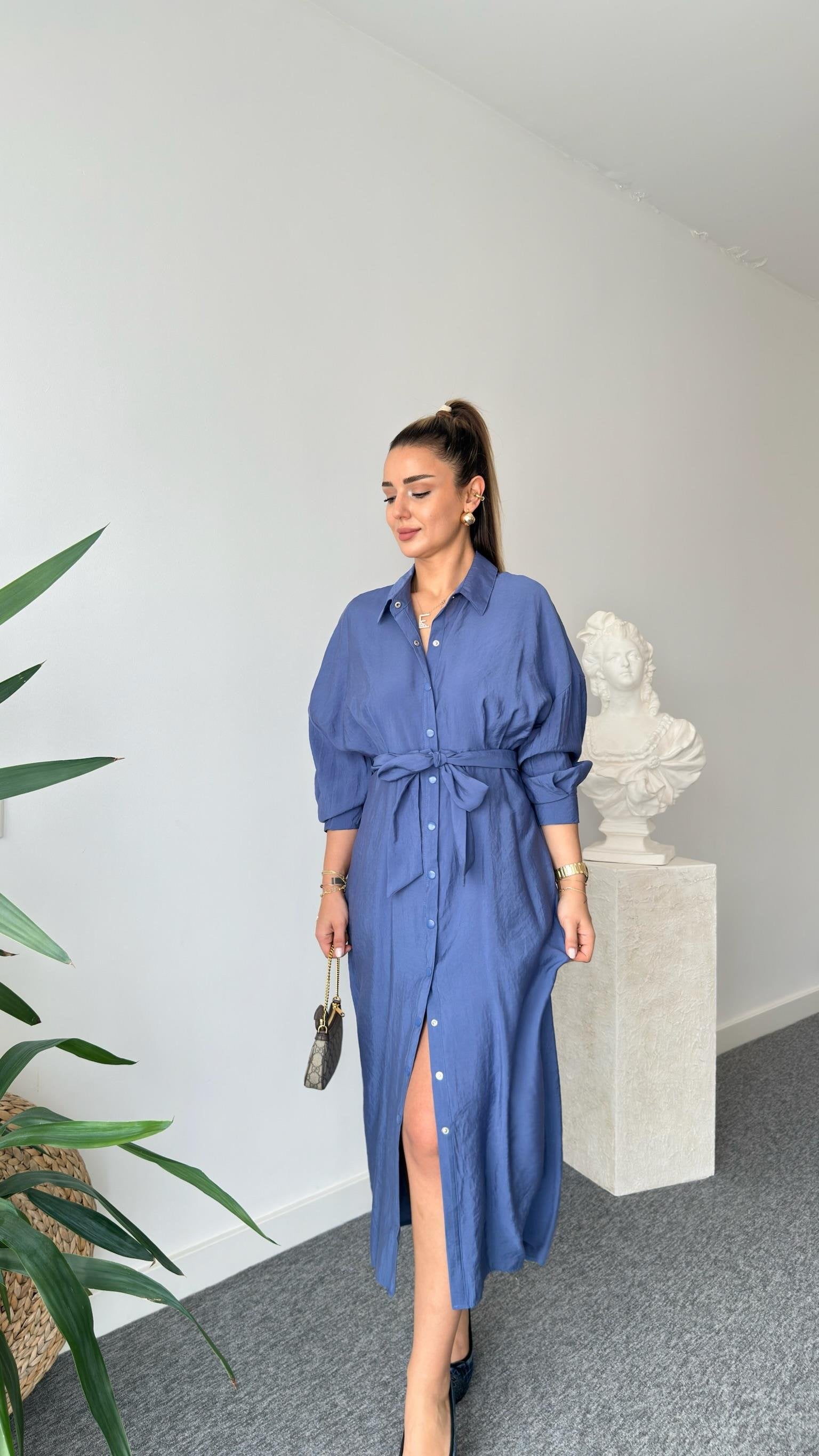 Navy Blue Serna Orj Brand Snap Button Tencel Dress