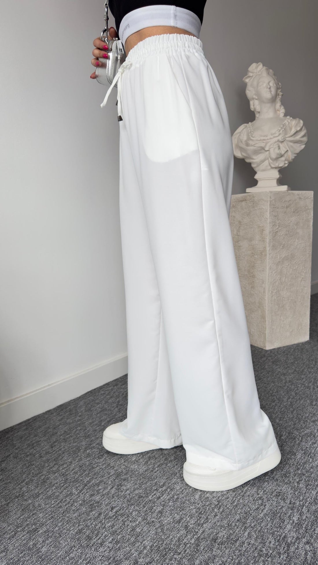 Carla Elastic Waist White Palazzo Trousers