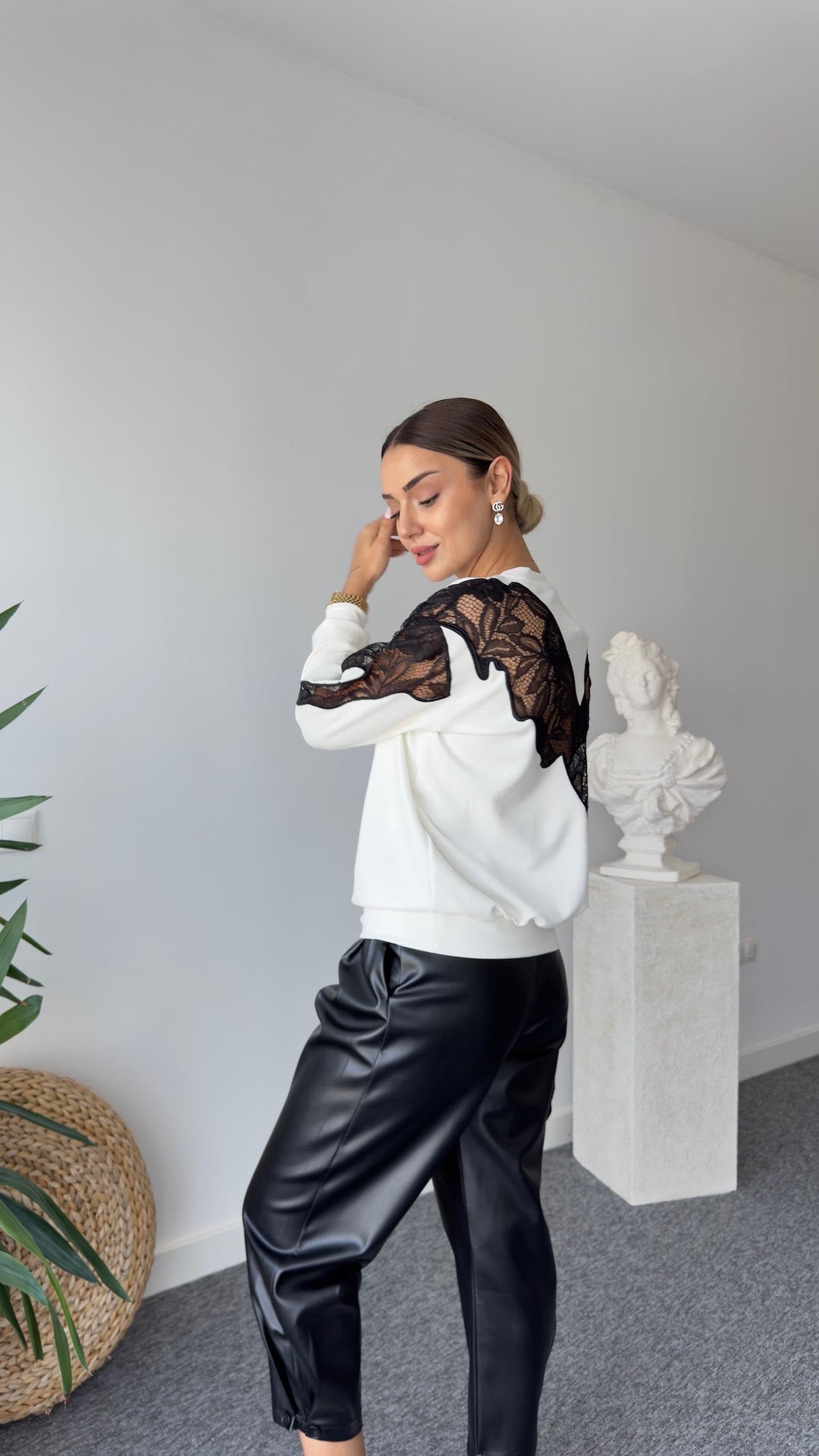 Laser Guipure Embroidered White Modal Sweater