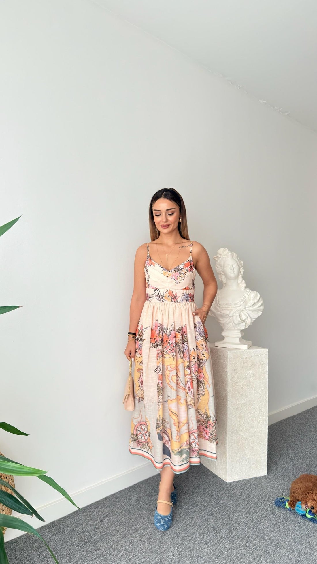 Elowen Brand Model Printed Linen Dress