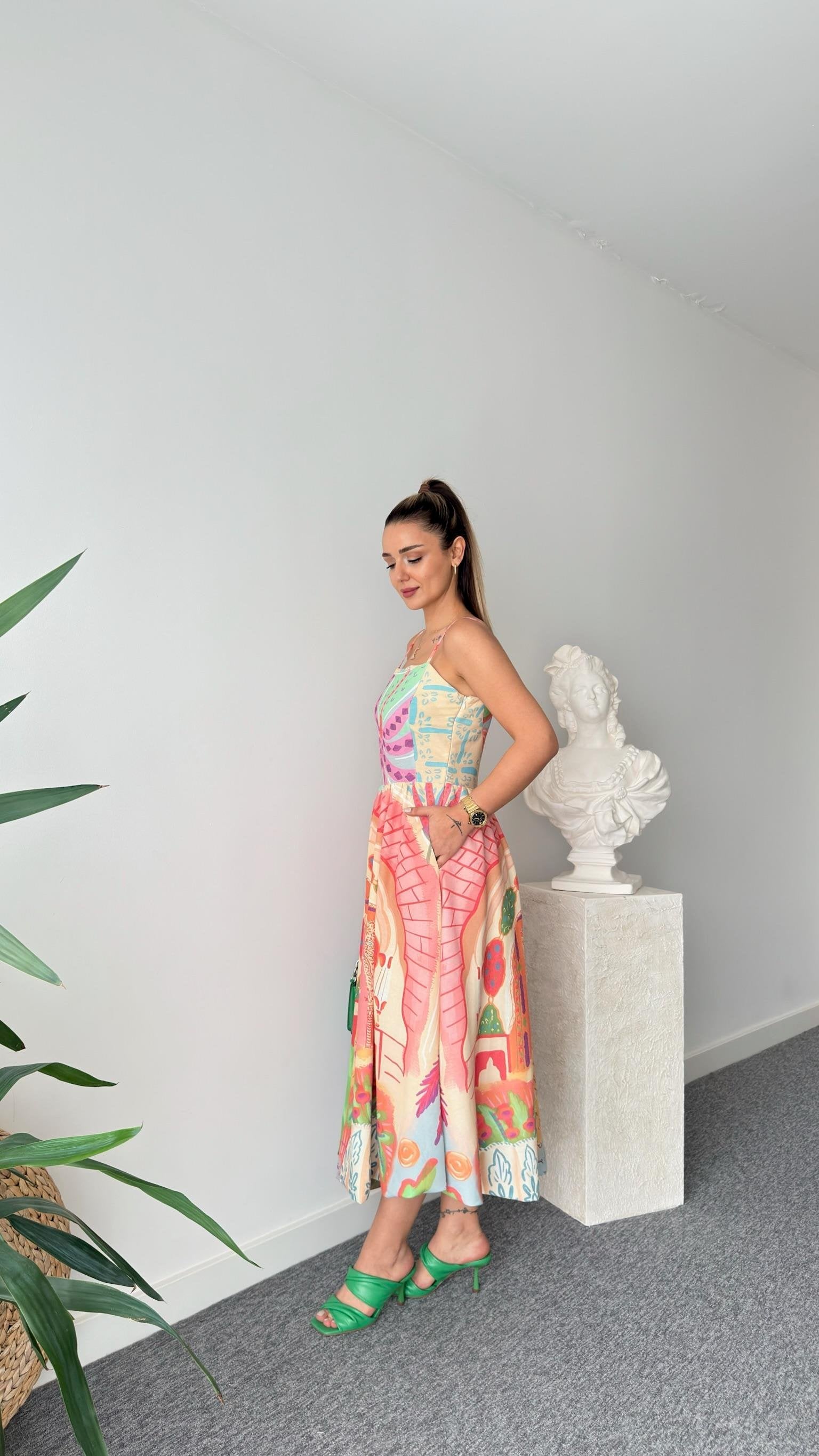 Oesto Colorful Printed Lined Linen Dress