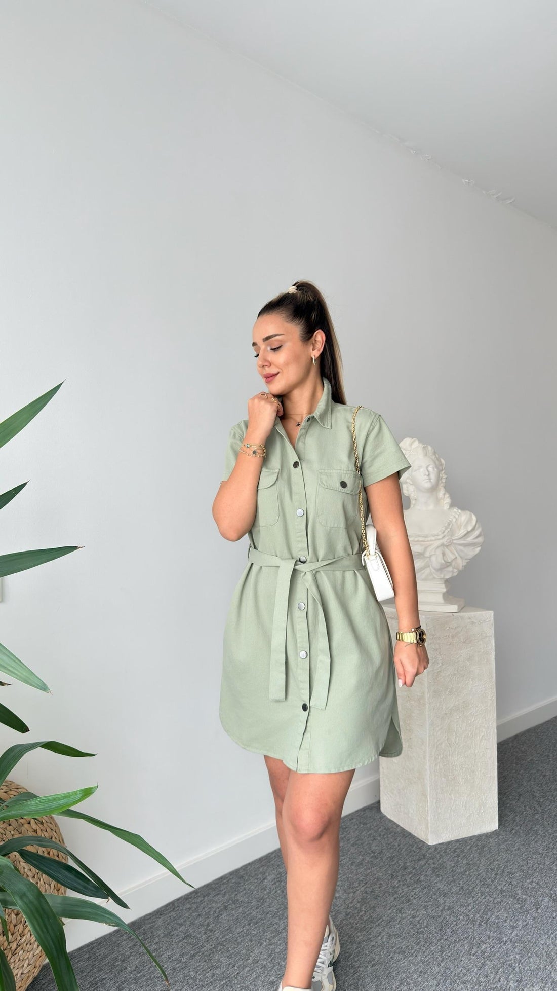 Khaki Heren Belted Gabardine Dress