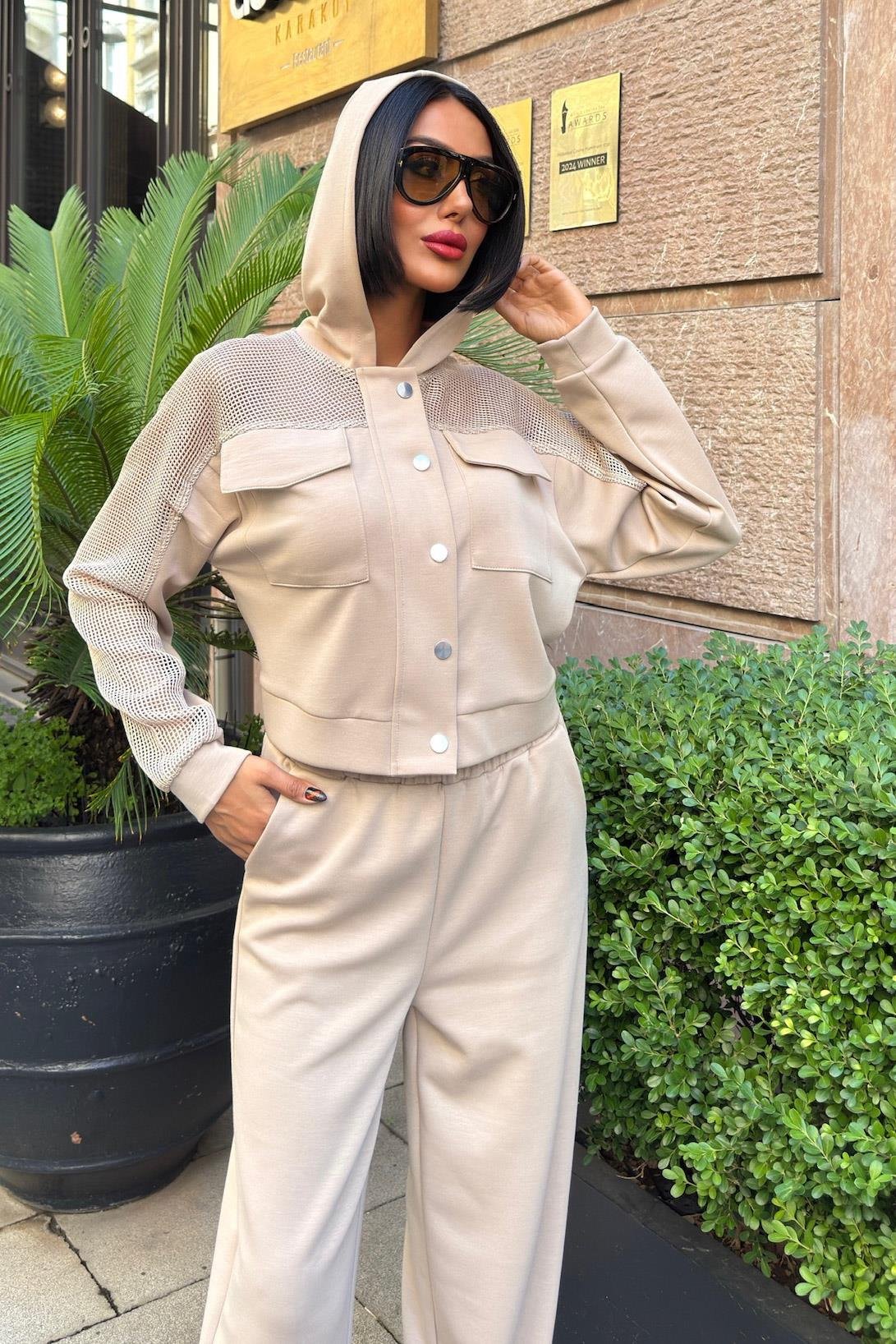 Mesh Detailed Hooded Modal Suit Beige