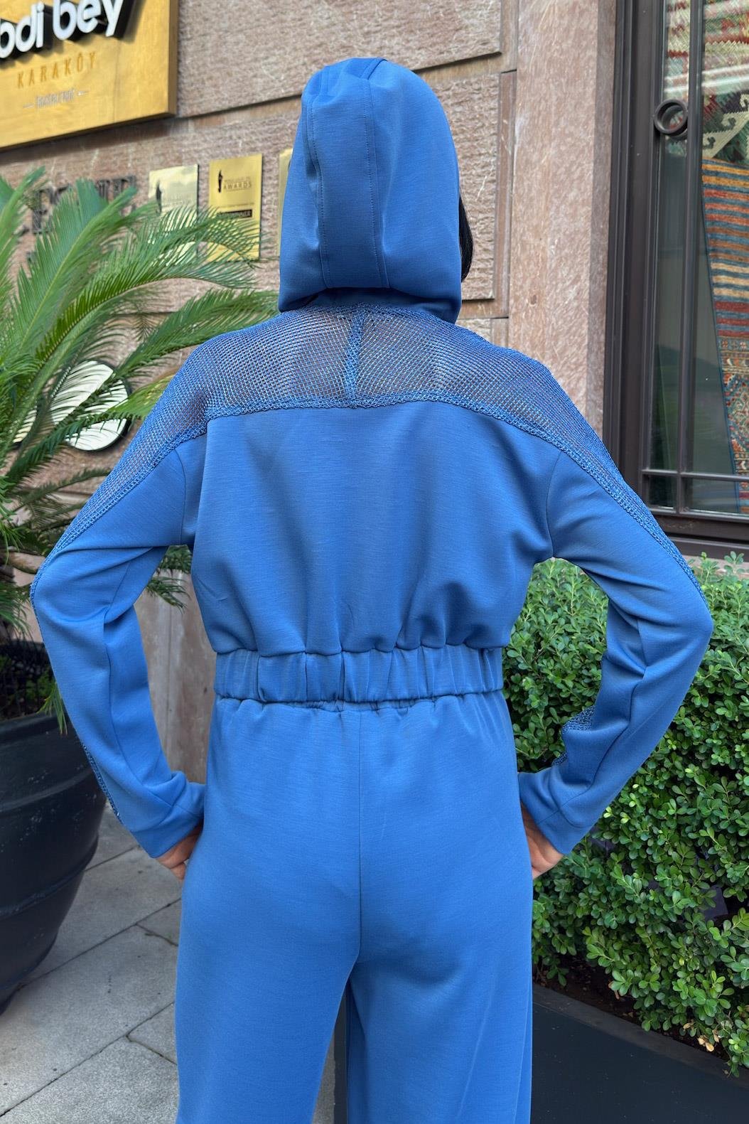 Mesh Detailed Hooded Modal Suit Blue
