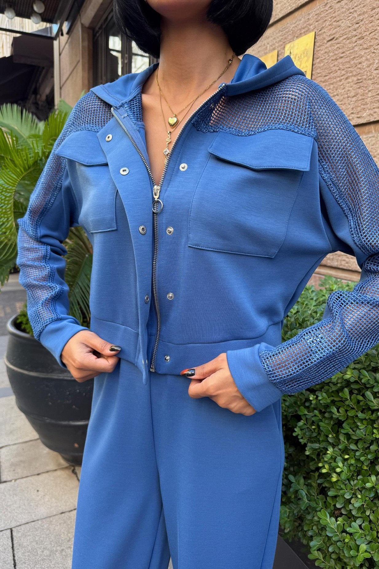 Mesh Detailed Hooded Modal Suit Blue