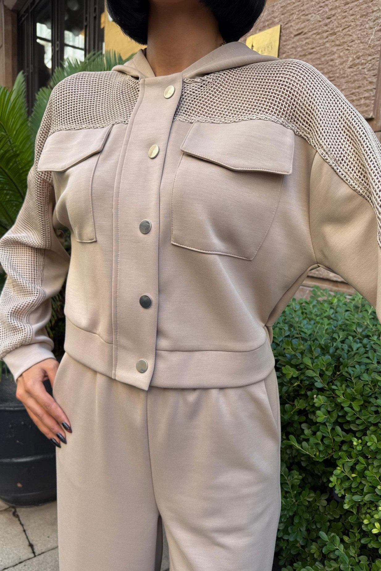 Mesh Detailed Hooded Modal Suit Beige