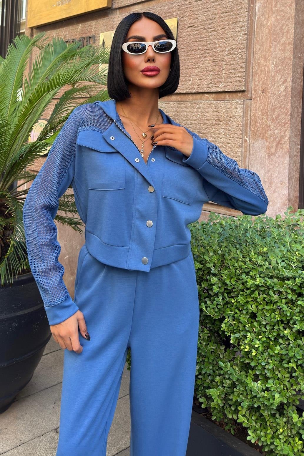 Mesh Detailed Hooded Modal Suit Blue